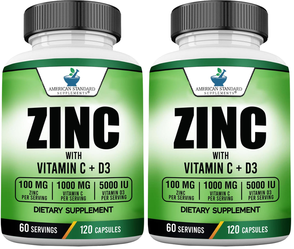 American Standard Zinc 100mg, Vitamin C 1000mg & Vitamin D3 5000 IU – 120 Capsules (Pack of 2)