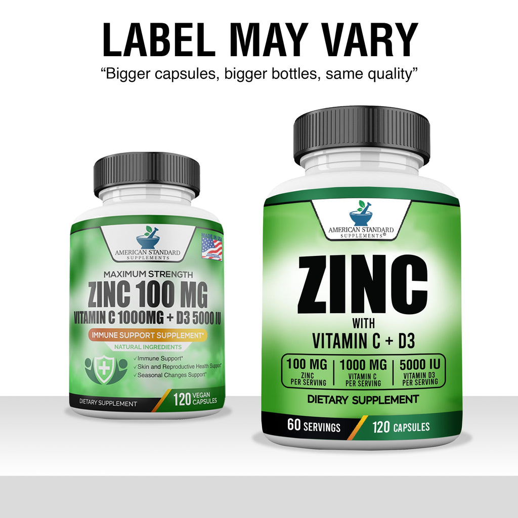 American Standard Zinc 100mg, Vitamin C 1000mg & Vitamin D3 5000 IU – 120 Capsules (Pack of 2)