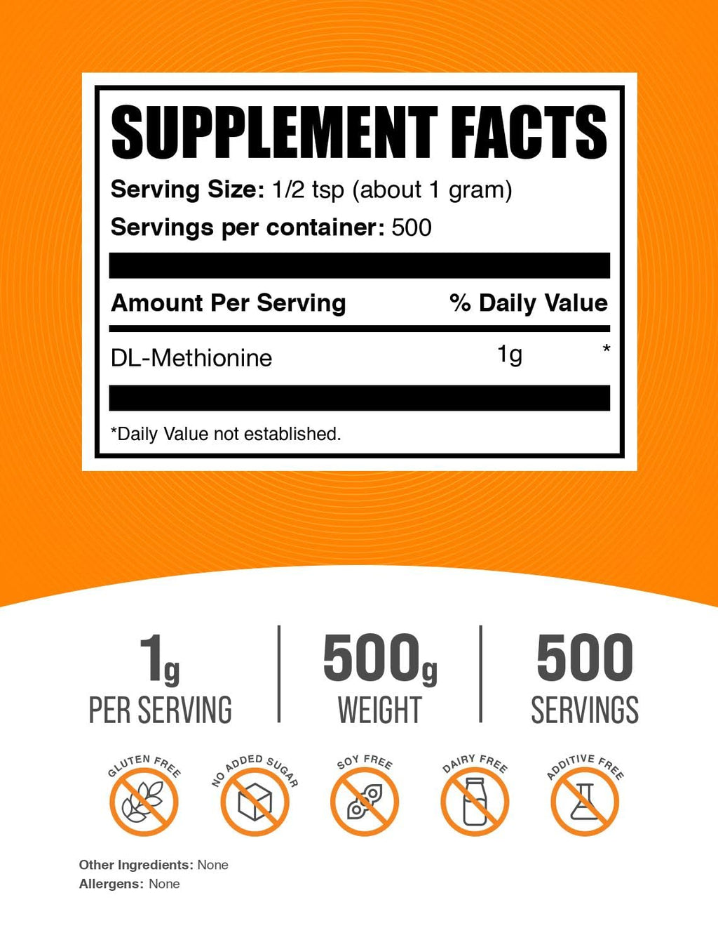 BulkSupplements.com DL-Methionine Powder – Methionine Supplement, Unflavored, Gluten Free, 1g Serving, 500g