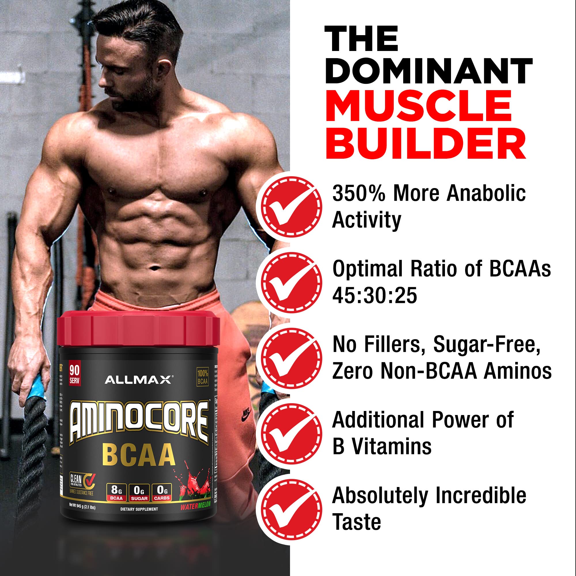 ALLMAX AMINOCORE BCAA Powder – 8,180 mg BCAAs, White Grape, 945 g