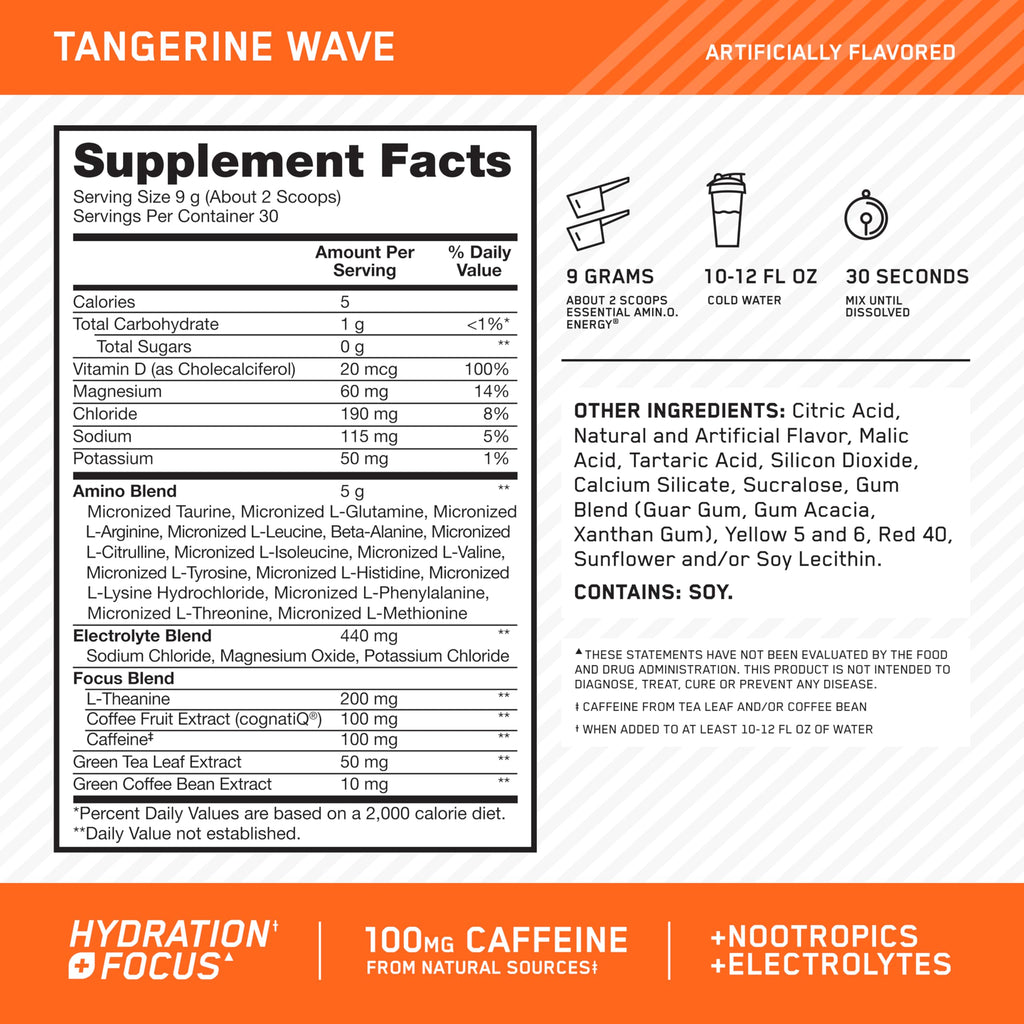 Optimum Nutrition Amino Energy + Electrolytes Powder – Tangerine Wave, 30 Servings
