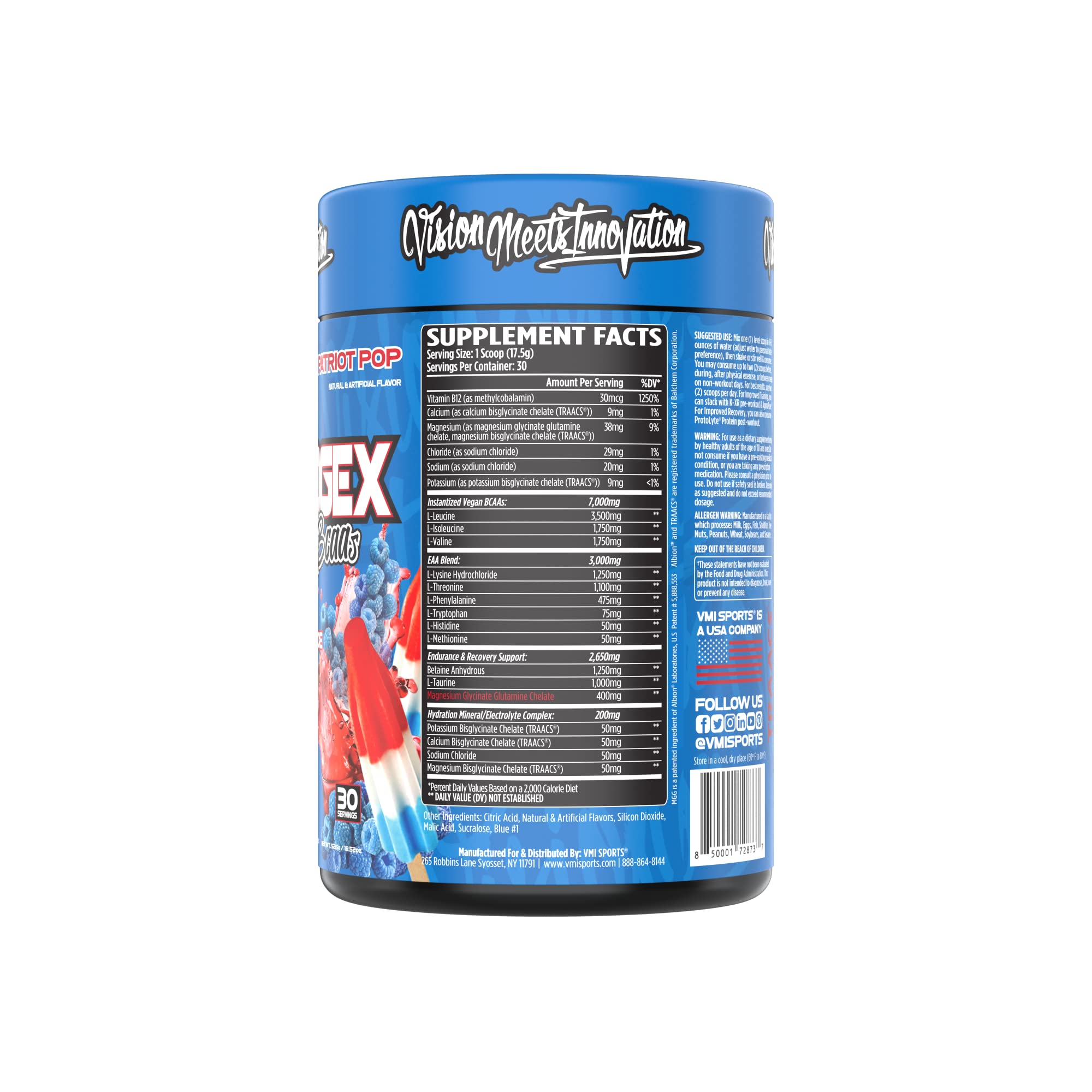 VMI Sports Aminogex Ultra BCAA Powder with Betaine & Glutamine – Patriot Pop (30 Servings)