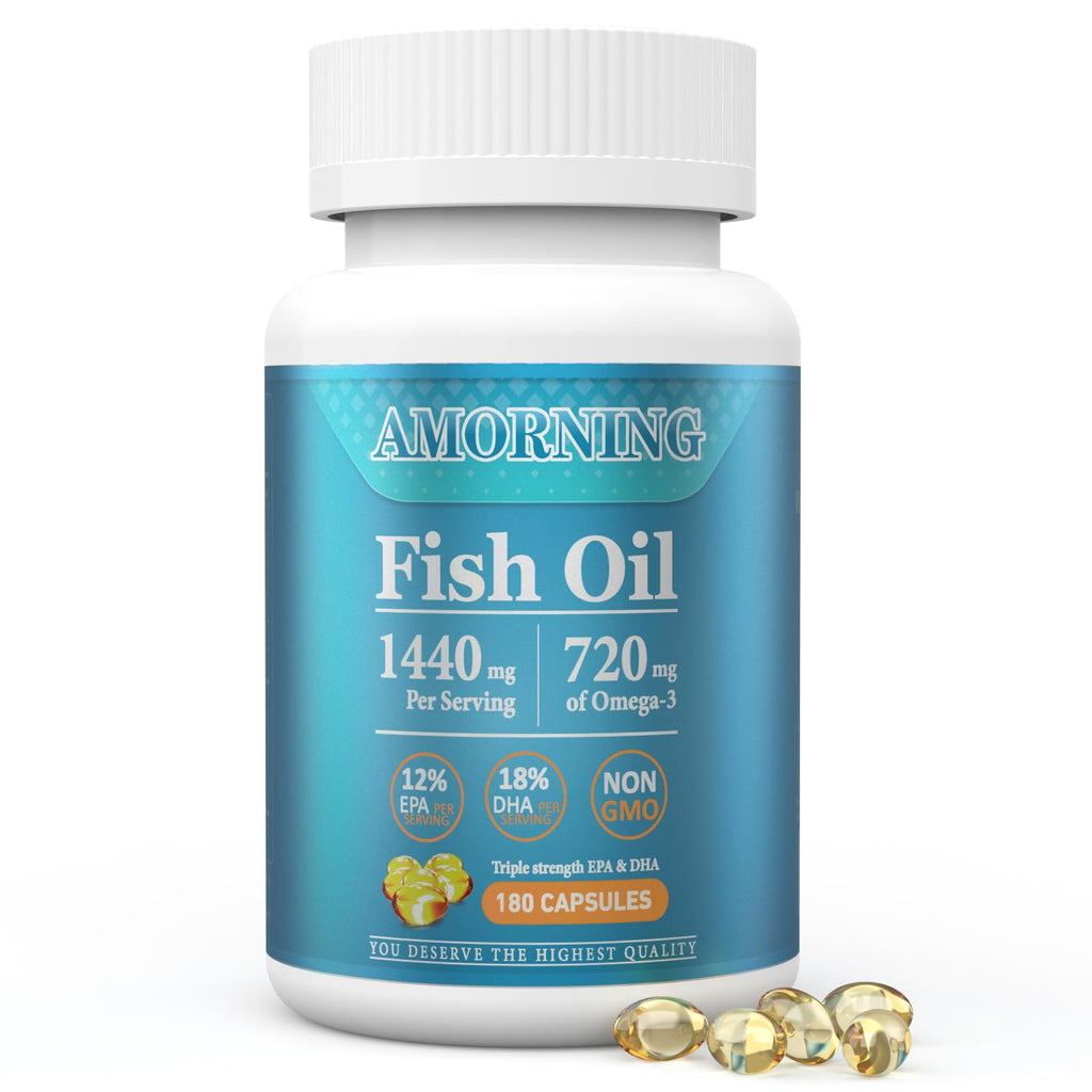 AMORNING Fish-Oil Omega-3 Fatty Acids Softgels 180 Count – 1440mg for Heart, Brain & Eyes