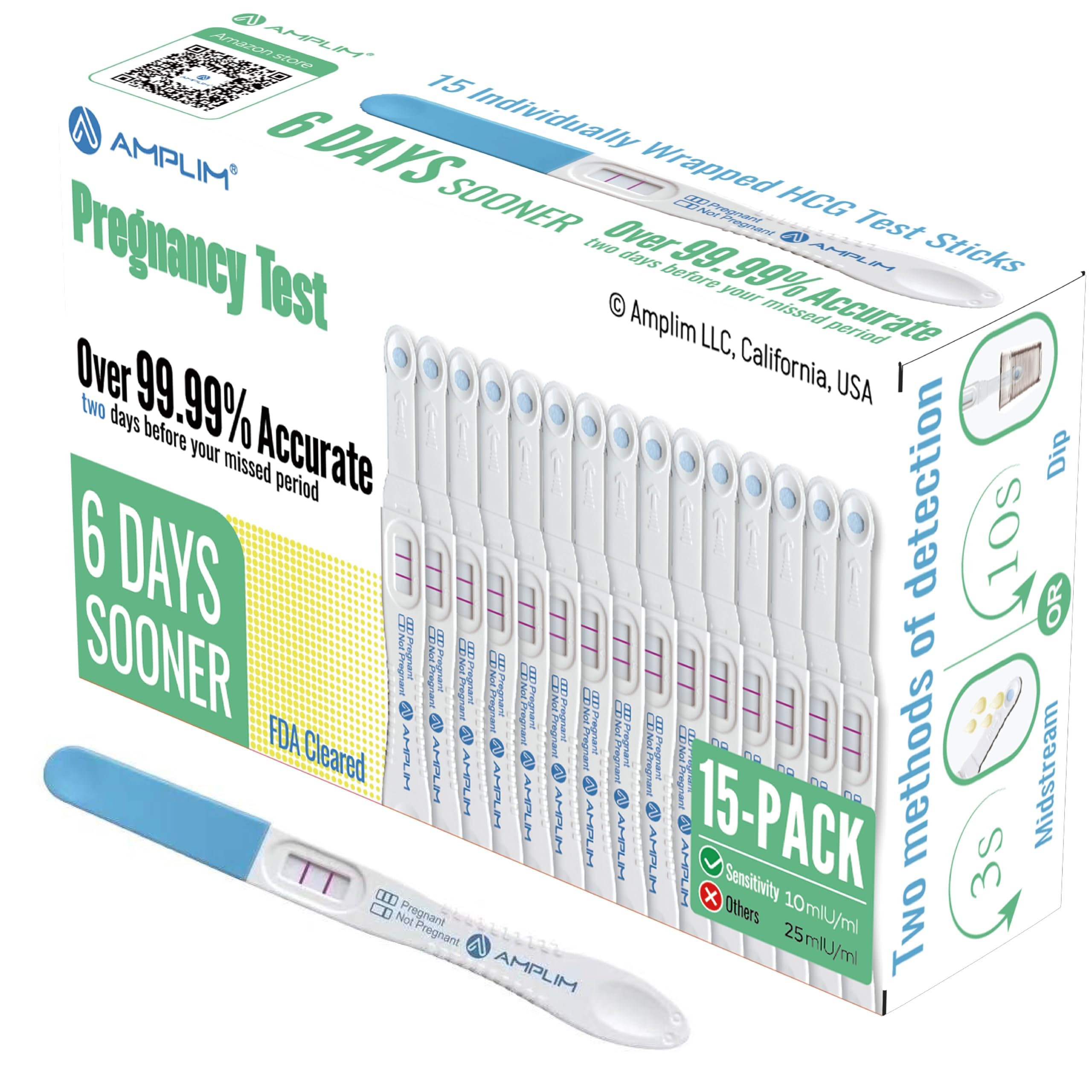 Amplim Early Detection Pregnancy Test Sticks 15 Pack – 99.99% Accurate, 10 mIU/mL HCG, FDA Cleared, 6 Days Sooner