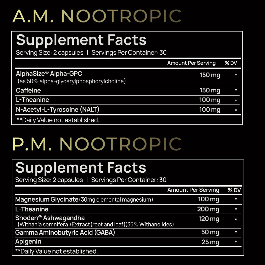 AMPM Nootropic Total Focus + Calm 9X Strength w. Caffeine, L-Theanine, Alpha GPC, L-Tyrosine, Ashwagandha - X-Release Energy Pills Nootropics Brain Support Supplements for Memory and Focus Supplement
