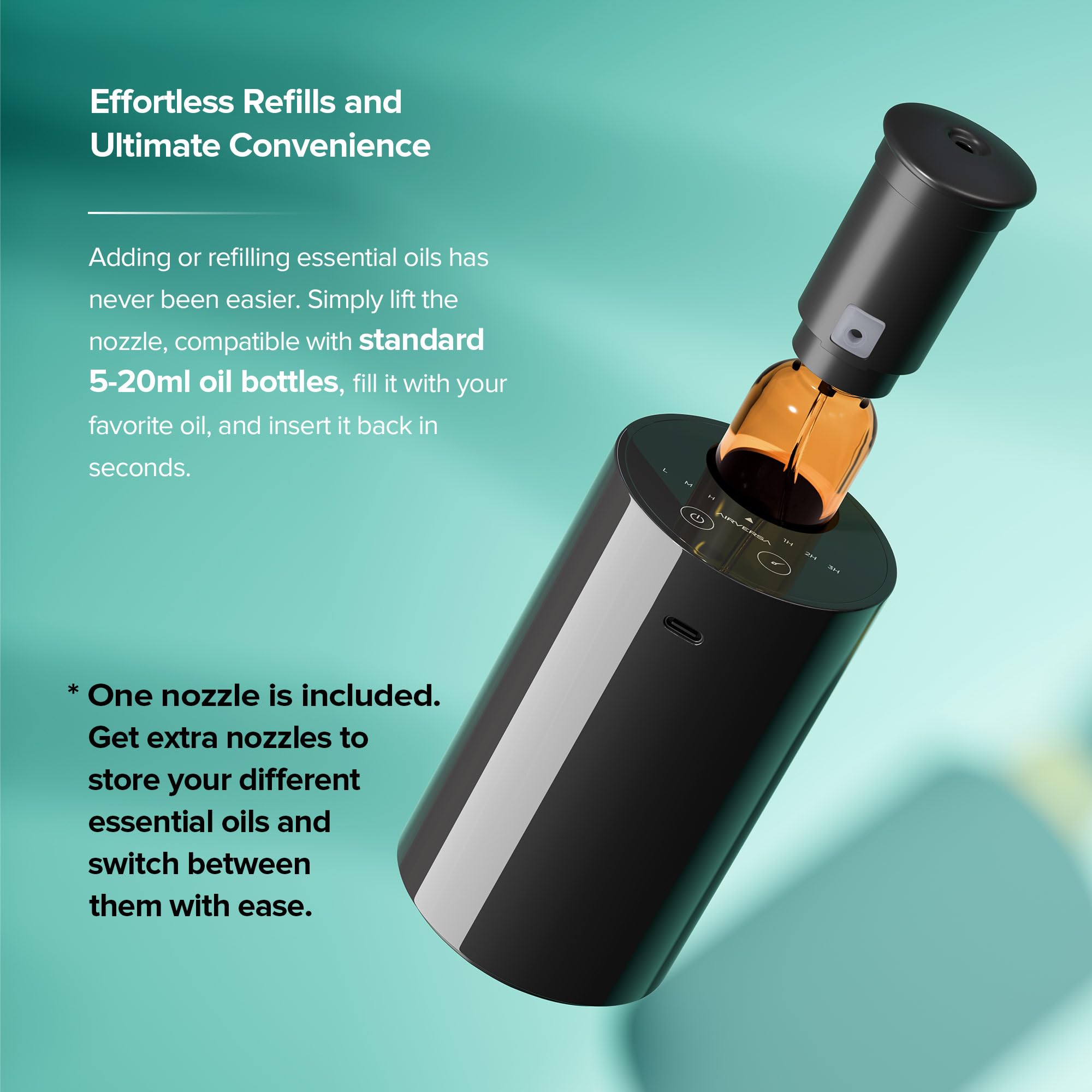 Waterless Essential Oil Diffuser AN7 Black – 5–20mL, Up to 600 sq ft, 4 Timers, 3 Mist Levels