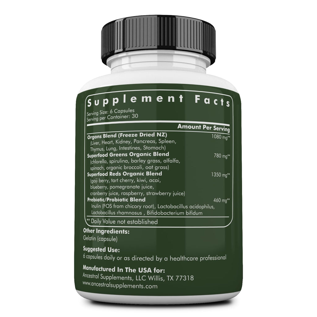 Ancestral Supplements Greens Powder Capsules – Organic Greens & Reds with Grass-Fed Organs, Probiotics (612 mg) 180 Count