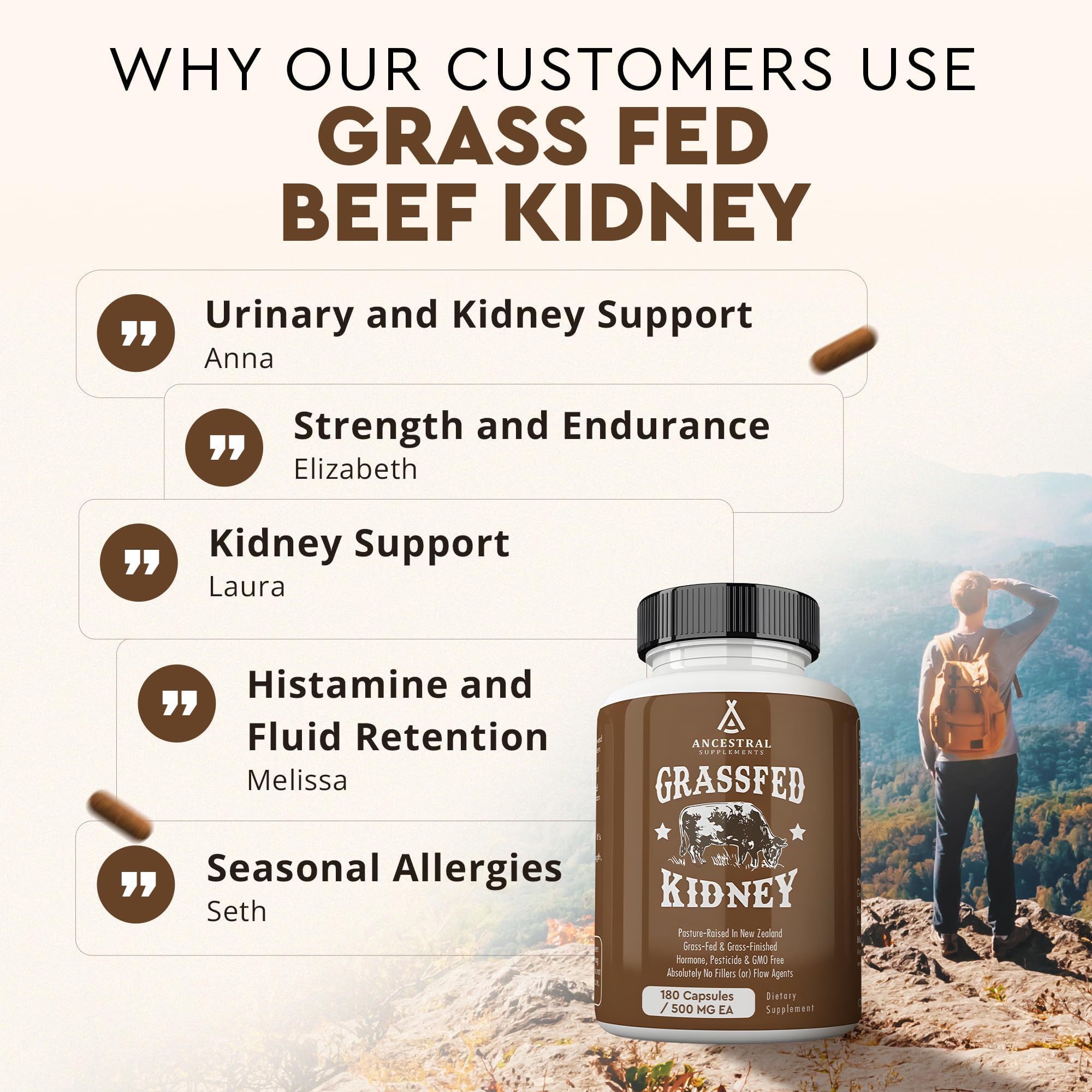 Ancestral Supplements Grass Fed Beef Kidney – 3000mg DAO Enzyme, Kidney & Histamine Support, Selenium & B12, 180 Capsules
