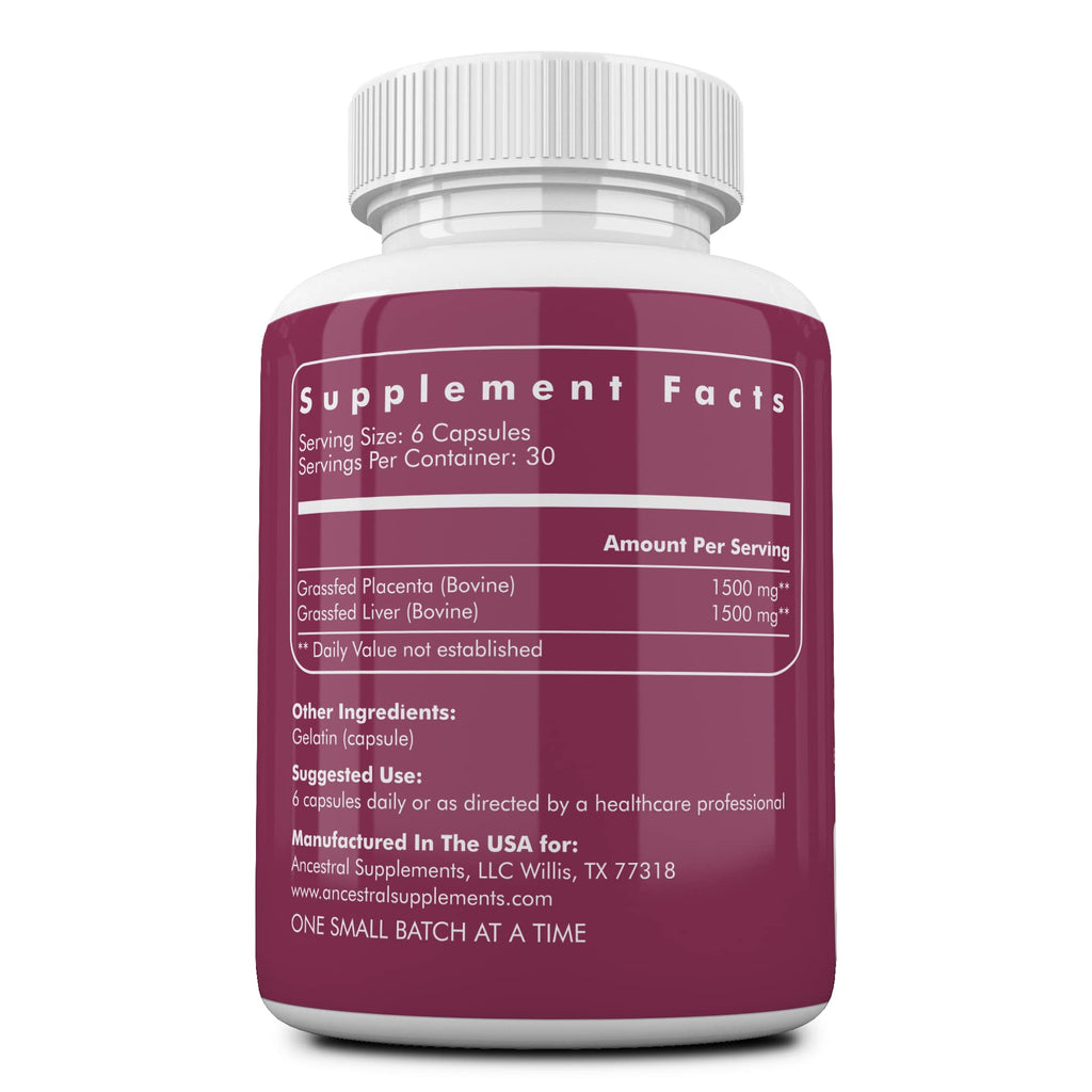 Ancestral Supplements Grass-Fed Placenta & Liver 180 Capsules – Postpartum Support, Menopause Relief