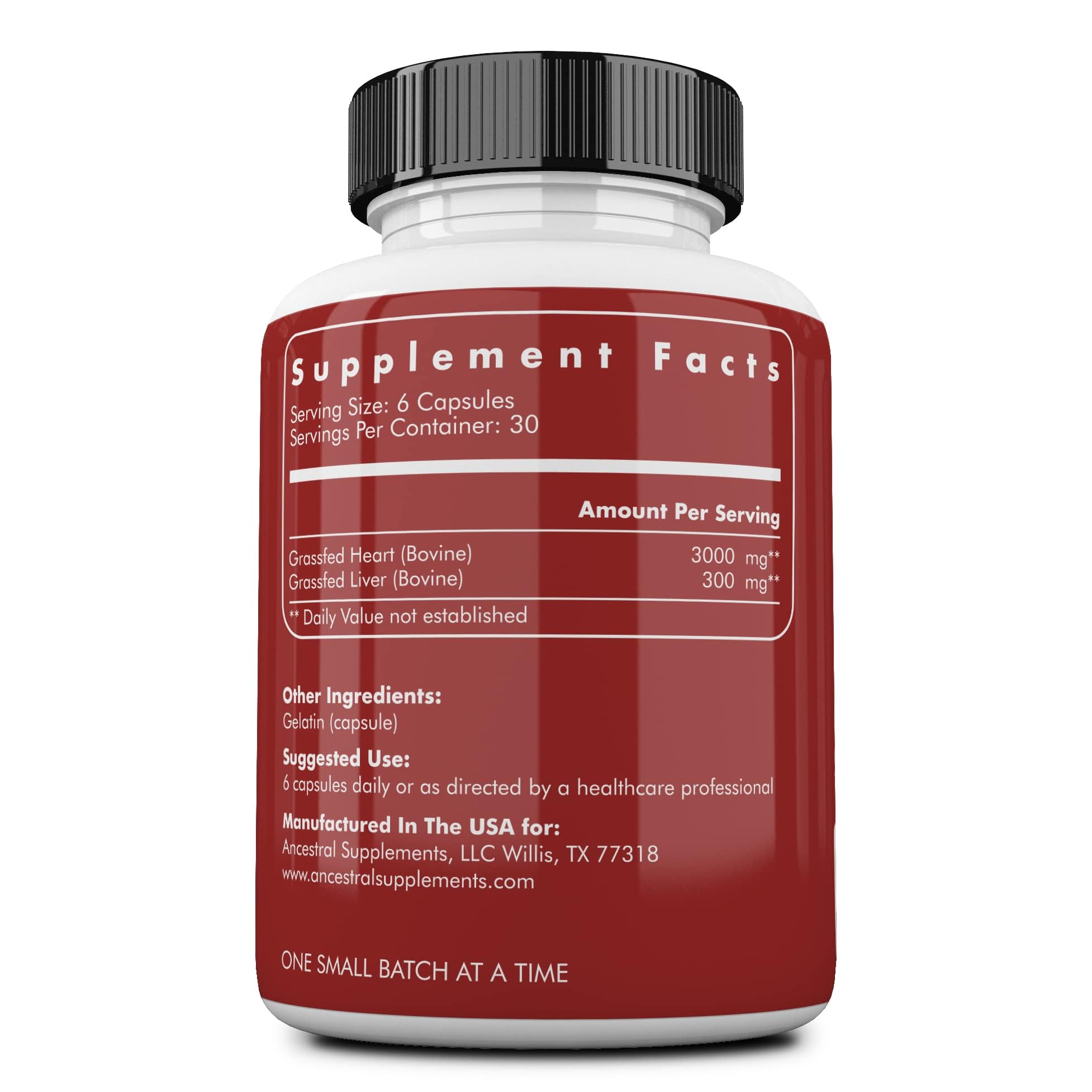 Ancestral Supplements Grass-Fed Beef Heart 3300mg – CoQ10, 180 Capsules, Non-GMO