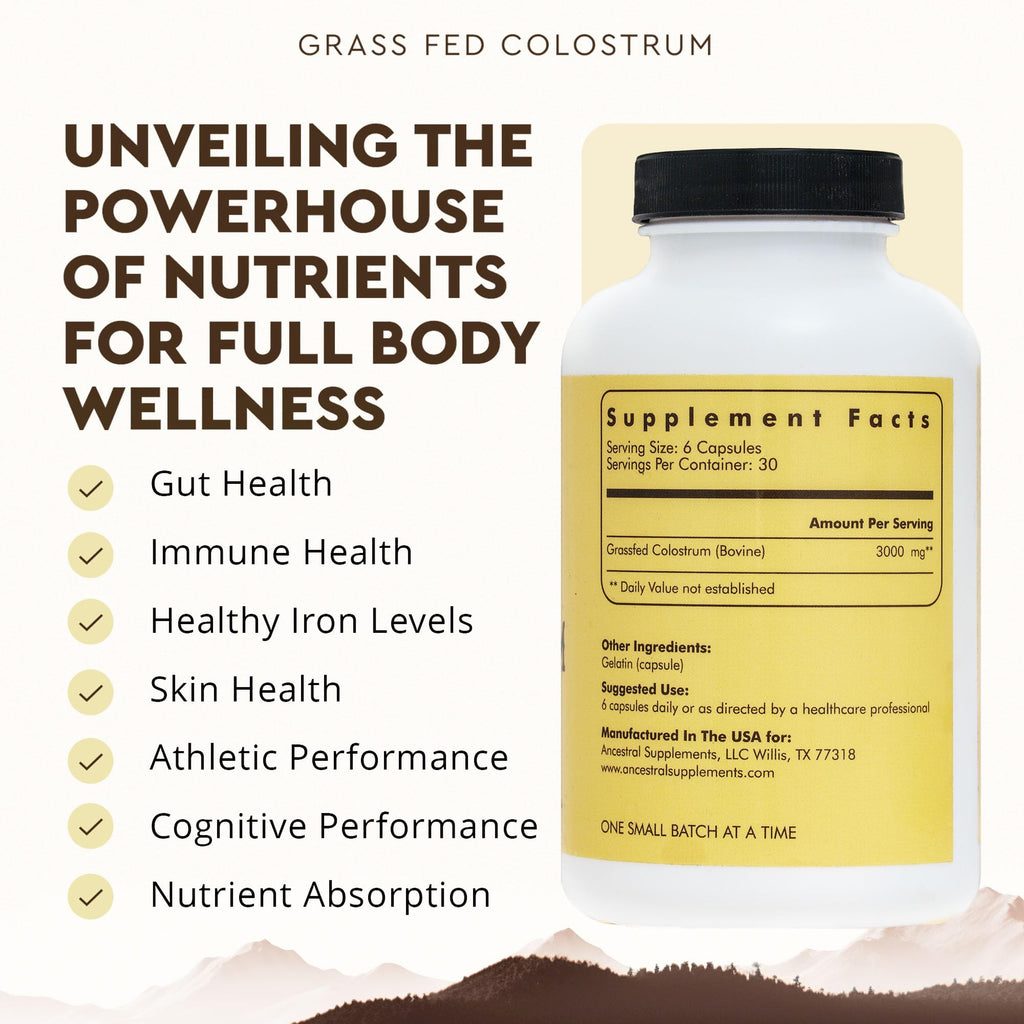 Ancestral Supplements Grass Fed Beef Colostrum Supplement – 3000 mg, 180 Capsules | Immune & Gut Health Support
