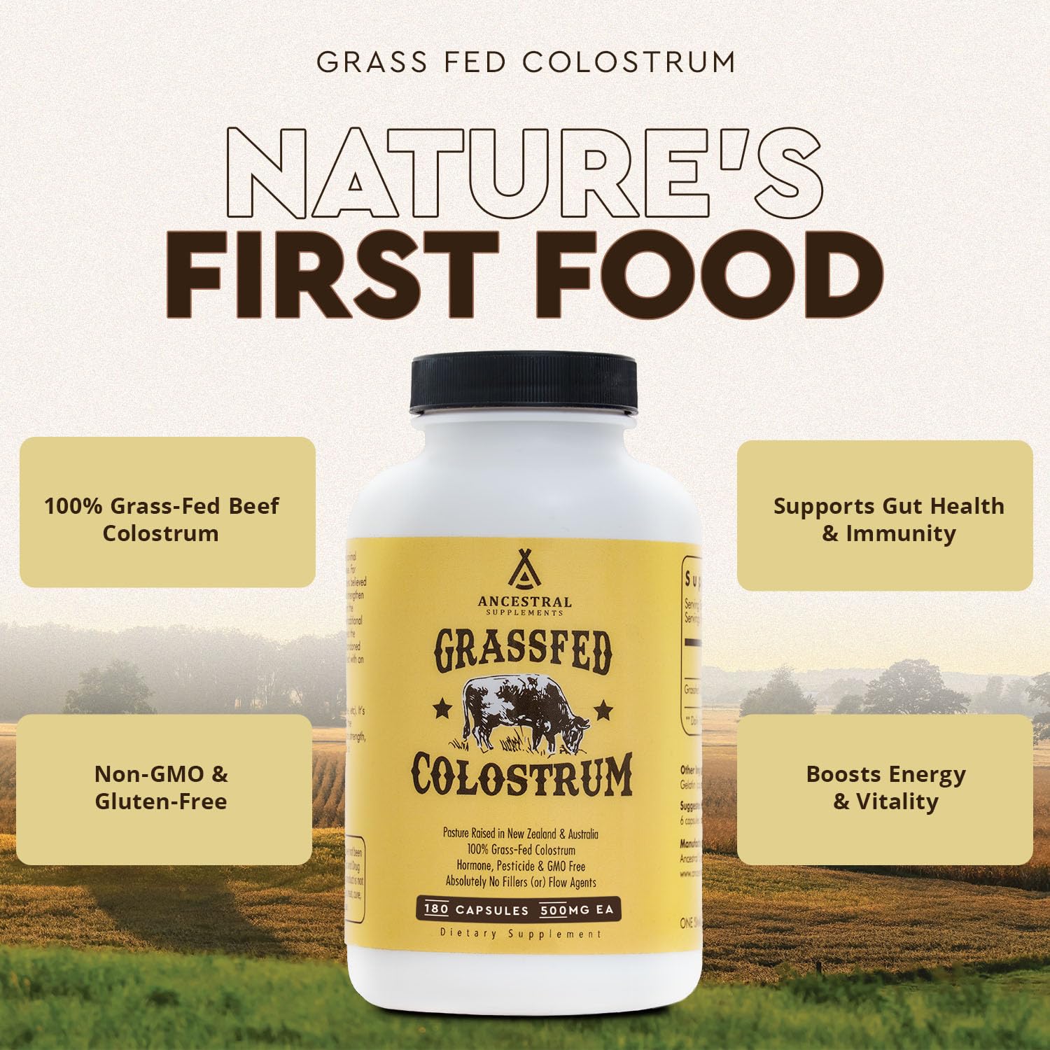 Ancestral Supplements Grass Fed Beef Colostrum Supplement – 3000 mg, 180 Capsules | Immune & Gut Health Support