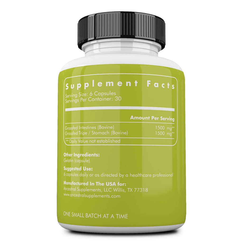 Ancestral Supplements Grass-Fed Beef Intestines (Tripe) 3000mg – Digestive Support, 180 Capsules
