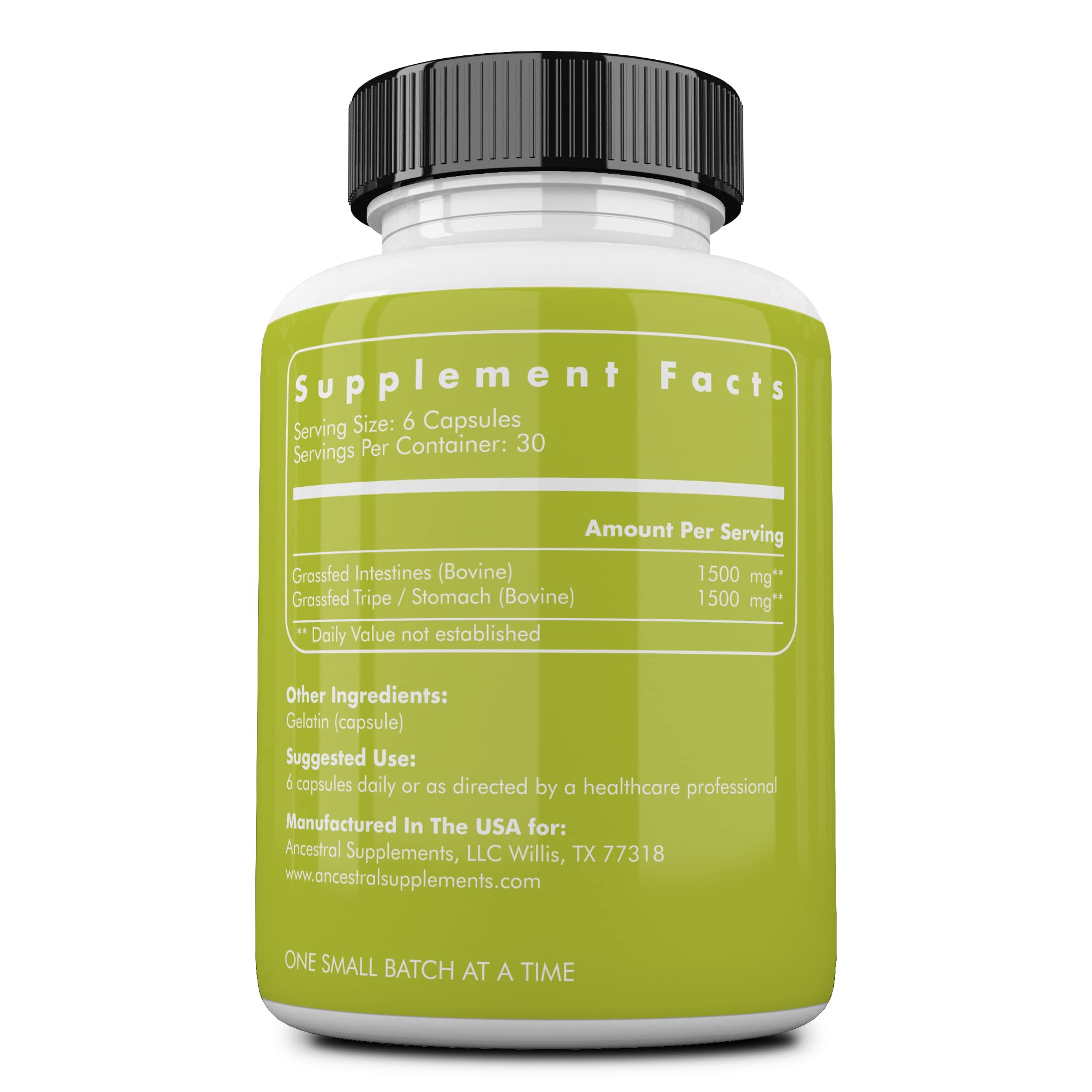 Ancestral Supplements Grass-Fed Beef Intestines (Tripe) 3000mg – Digestive Support, 180 Capsules