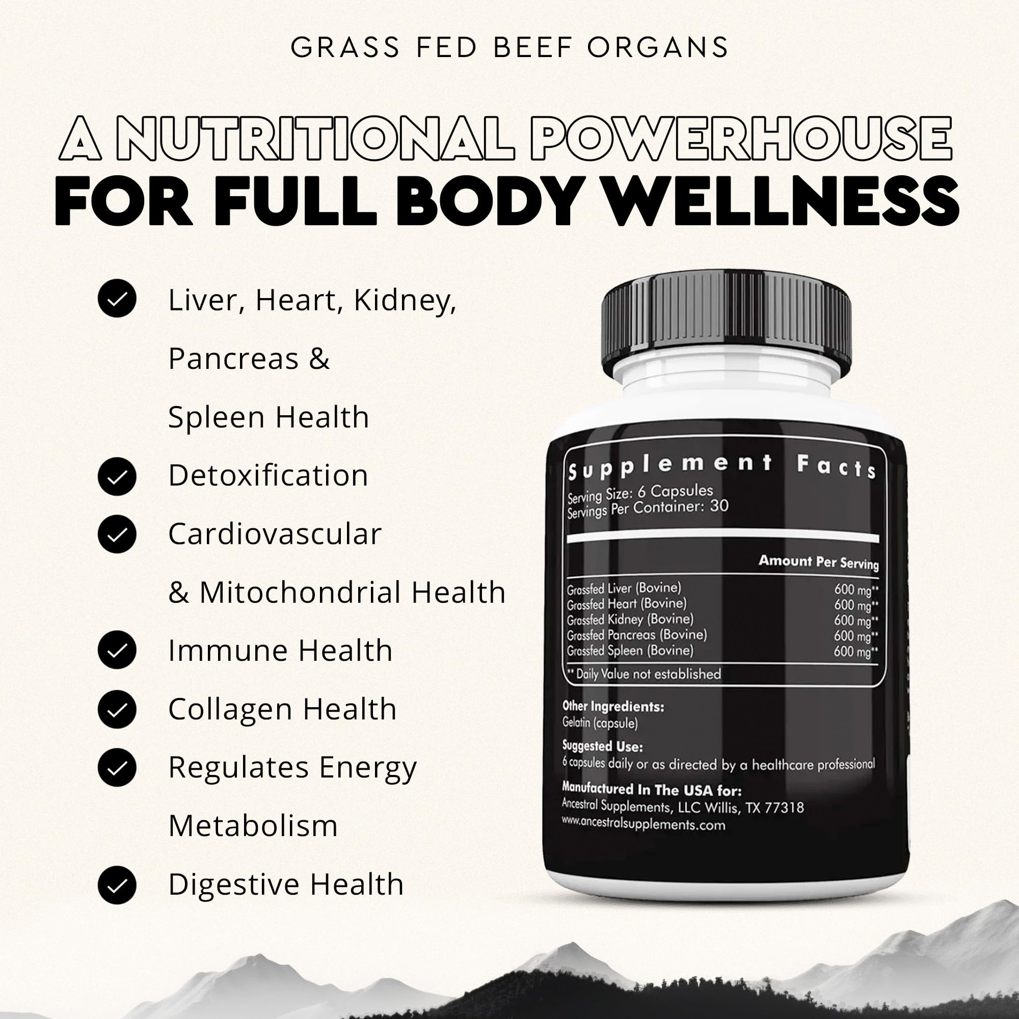Ancestral Supplements Grass-Fed Beef Organs – Liver, Heart, Kidney, Pancreas, Spleen | 180 Capsules