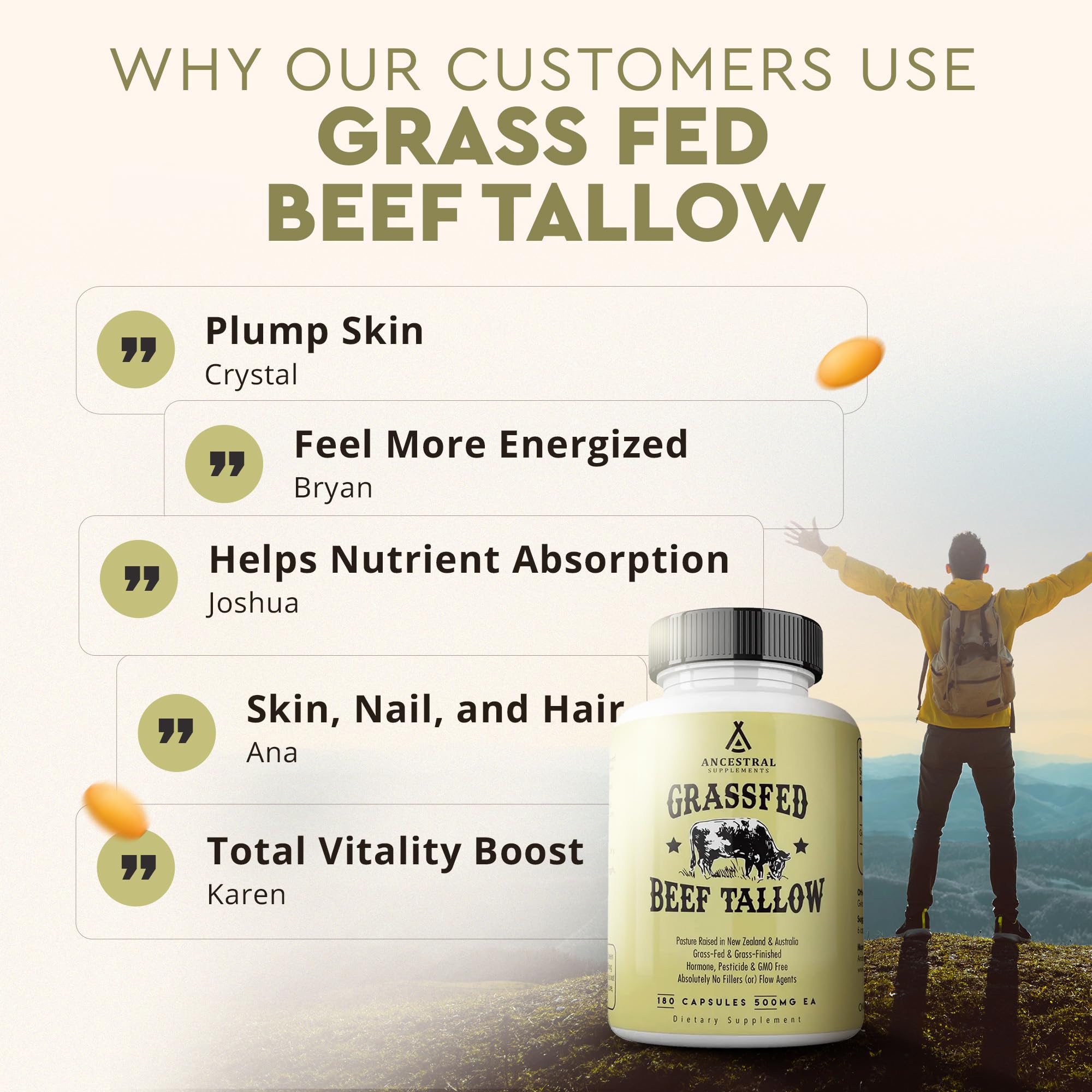 Ancestral Supplements Grass Fed Beef Tallow Capsules 3000mg – Non-GMO | 180 Capsules