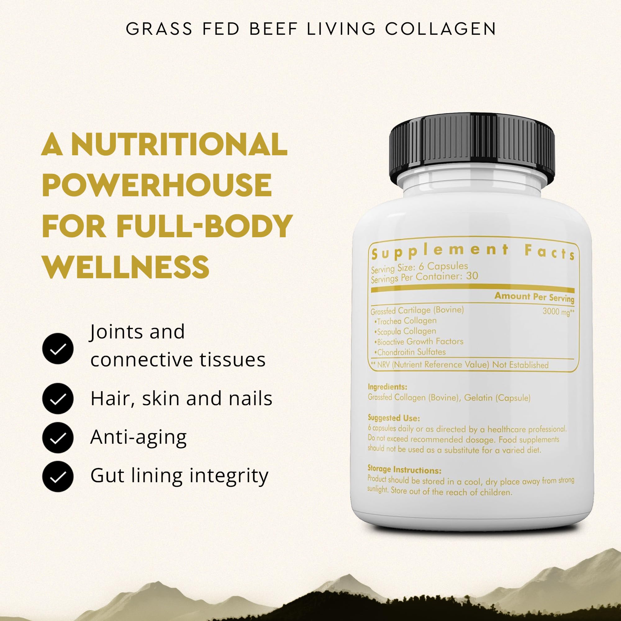 Ancestral Supplements Grass-Fed Beef Living Collagen – 3000mg, 180 Capsules, Type II