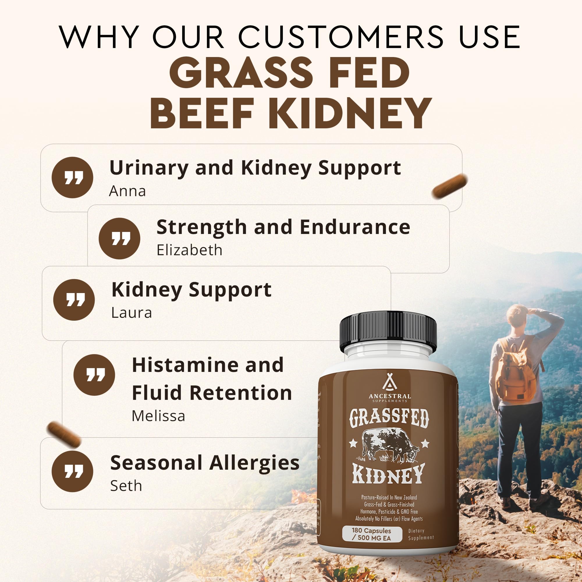 Ancestral Supplements Grass Fed Beef Kidney – 3000mg DAO Enzyme, Kidney & Histamine Support, Selenium & B12, 180 Capsules