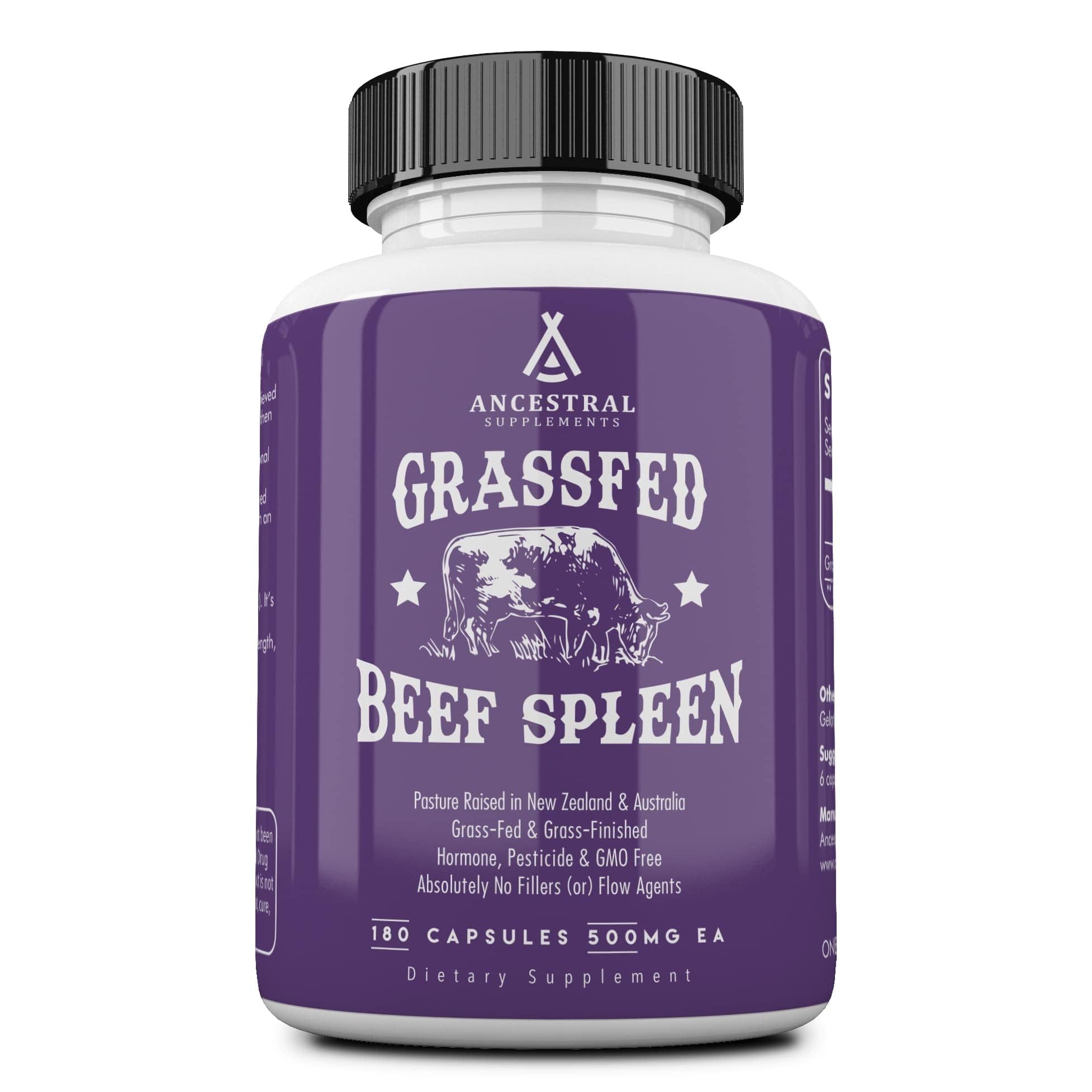 Ancestral Supplements Grass Fed Beef Spleen — 3000mg Spleen Support, Immune & Iron Health, 180 Capsules