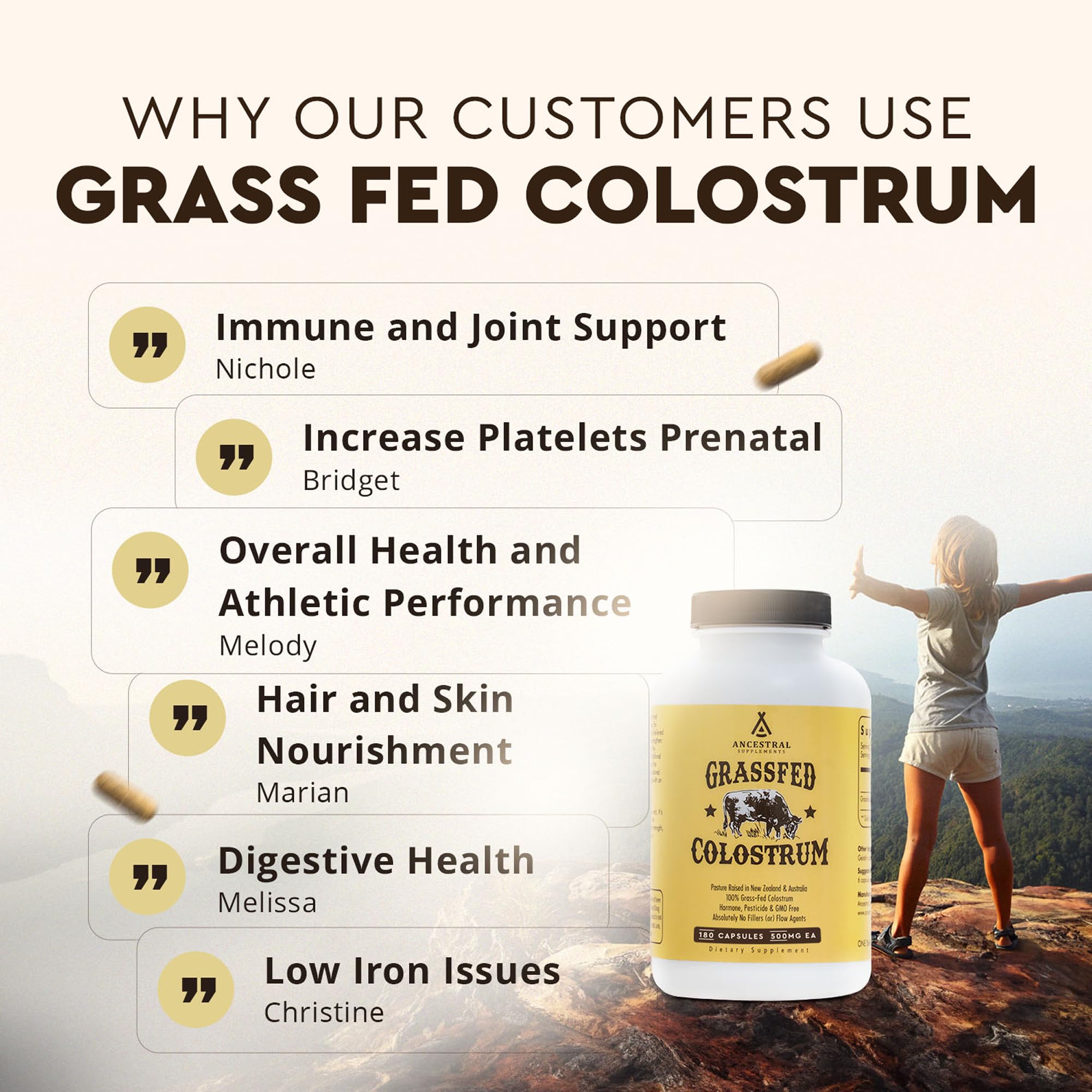 Ancestral Supplements Grass Fed Beef Colostrum Supplement – 3000 mg, 180 Capsules | Immune & Gut Health Support