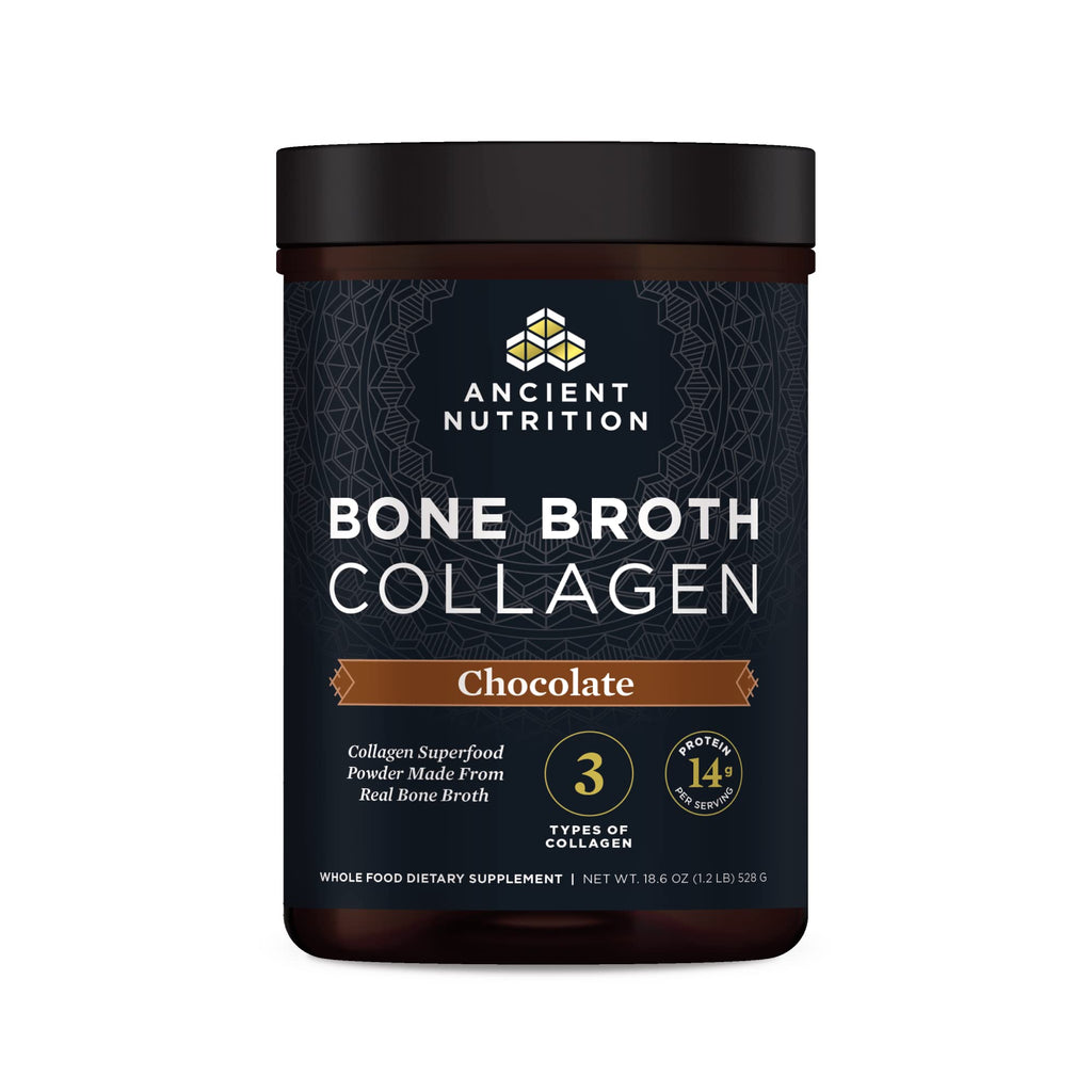 Ancient Nutrition Bone Broth Collagen Chocolate Powder – Hydrolyzed Multi-Collagen Peptides, 18.6oz, 30 Servings