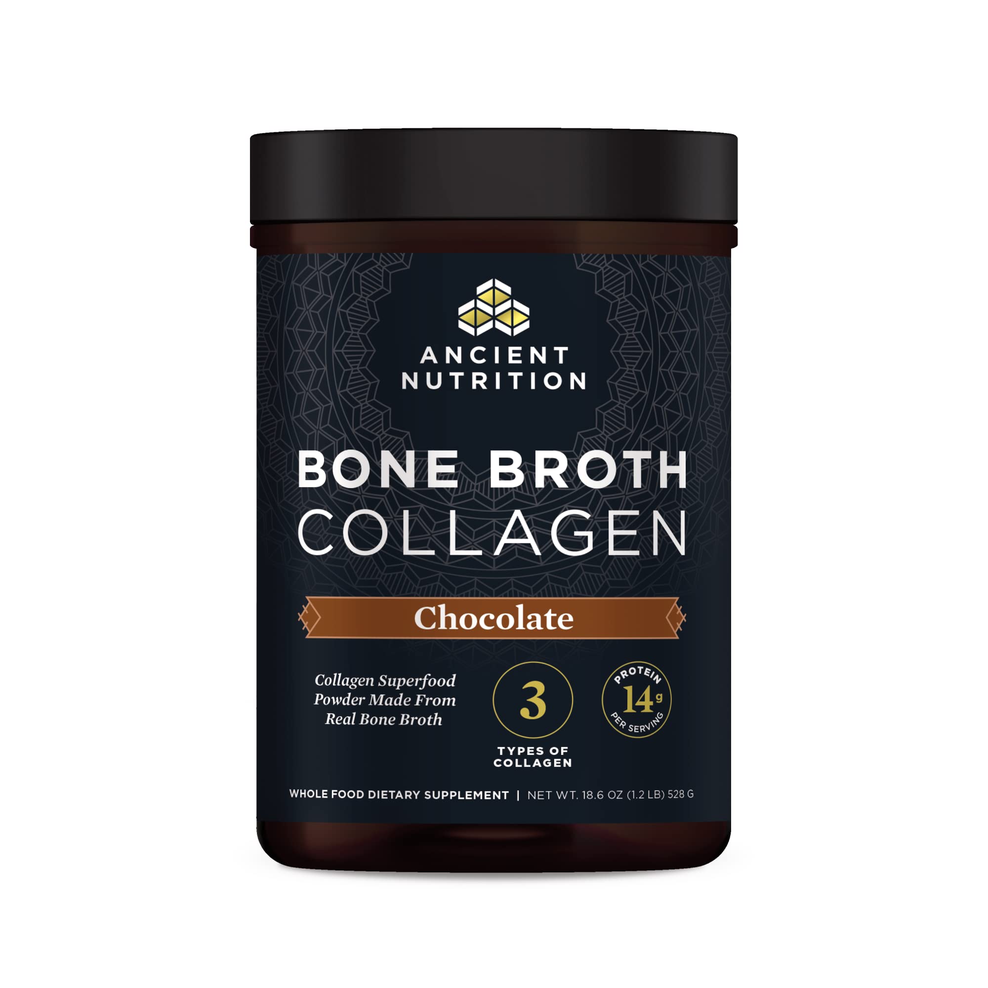 Ancient Nutrition Bone Broth Collagen Chocolate Powder – Hydrolyzed Multi-Collagen Peptides, 18.6oz, 30 Servings