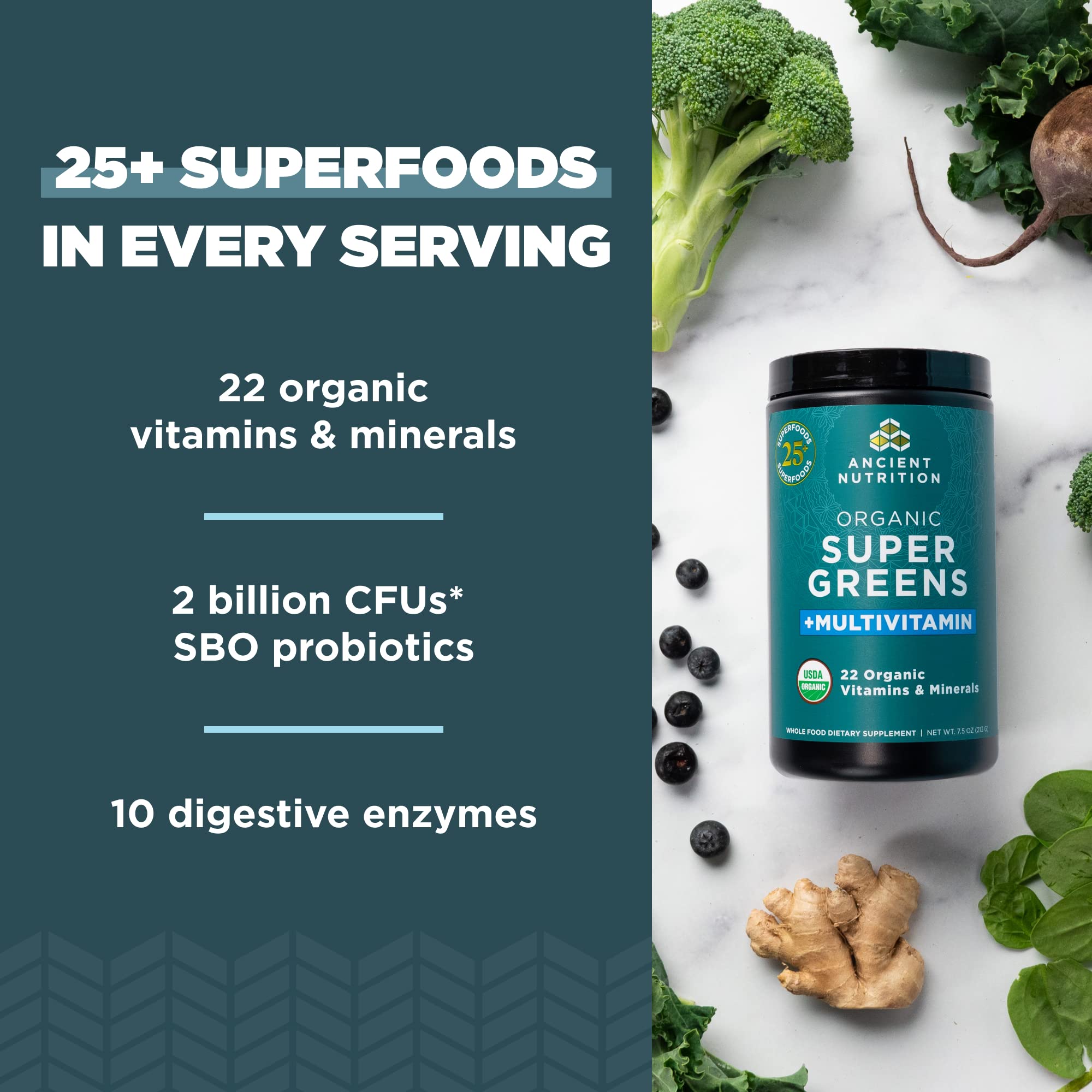 Ancient Nutrition Organic SuperGreens + Multivitamin Powder | 25 Servings, 7.5 oz