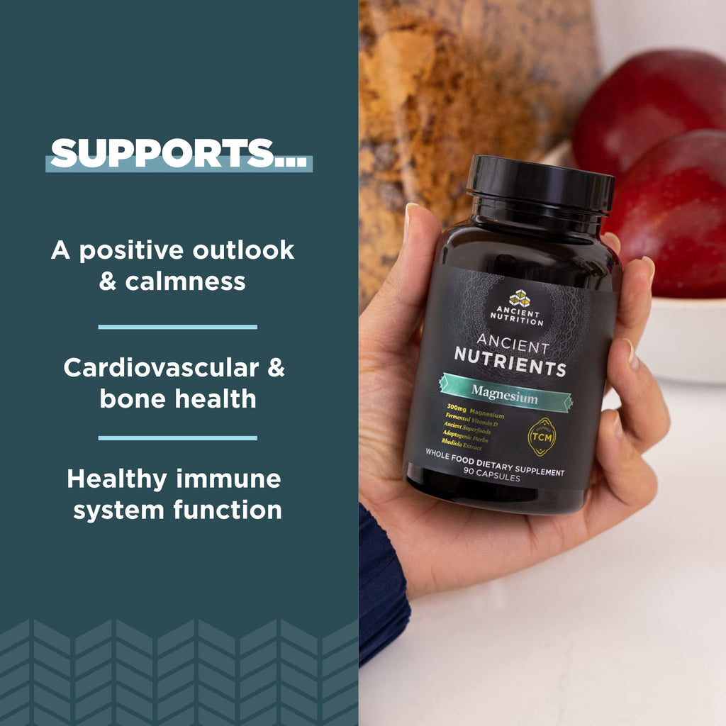 Ancient Nutrition Magnesium 300mg with Vitamin D – Immune Support, Enzyme Activated, Adaptogenic Herbs, Paleo & Keto Friendly | 90 Capsules