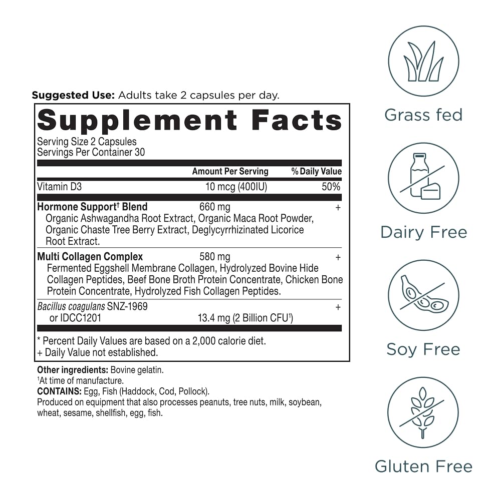 Ancient Nutrition Hormone Balance + Collagen — 60 Capsules | Ashwagandha, Maca & Chaste Tree