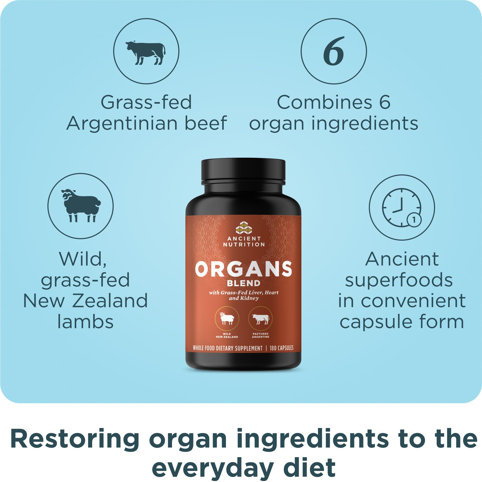 Ancient Nutrition Organ Supplements – Grass-Fed & Wild Organ Complex, 180 Count