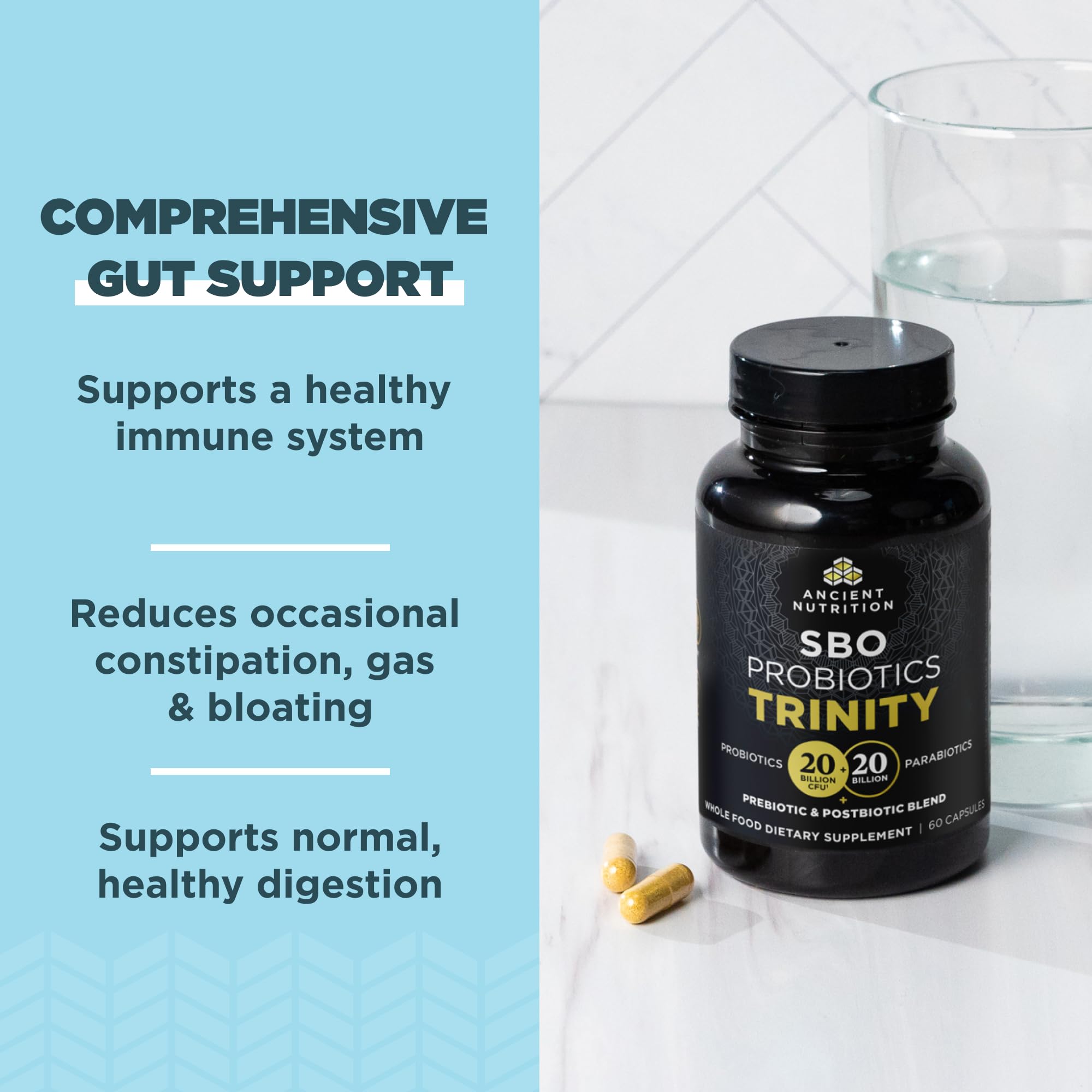 Ancient Nutrition SBO Probiotic Trinity Daily Care — 40 Billion CFU, 60 Count