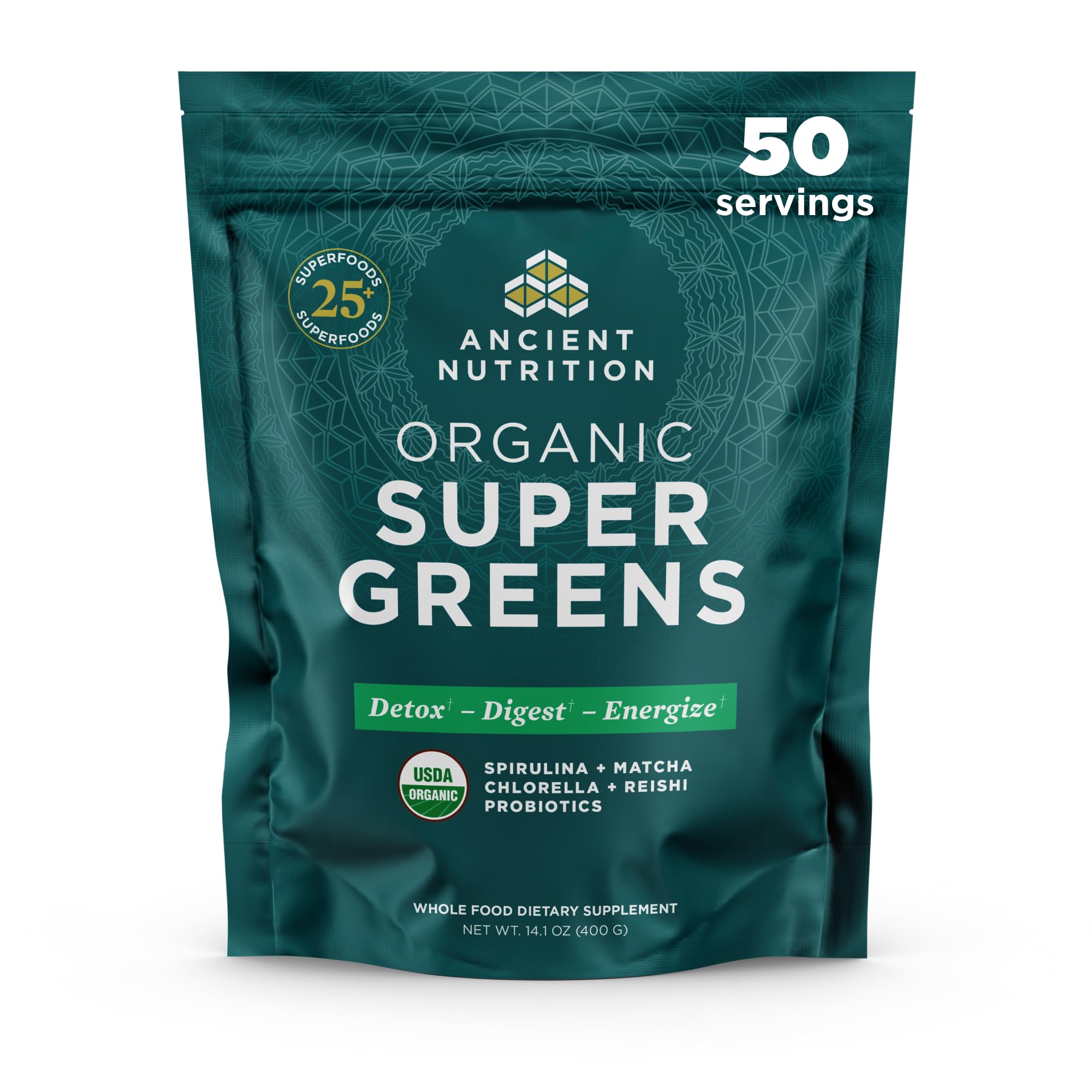 Ancient Nutrition Super Greens Powder – Organic Probiotic Superfood with Spirulina, Chlorella & Matcha | 50 Servings
