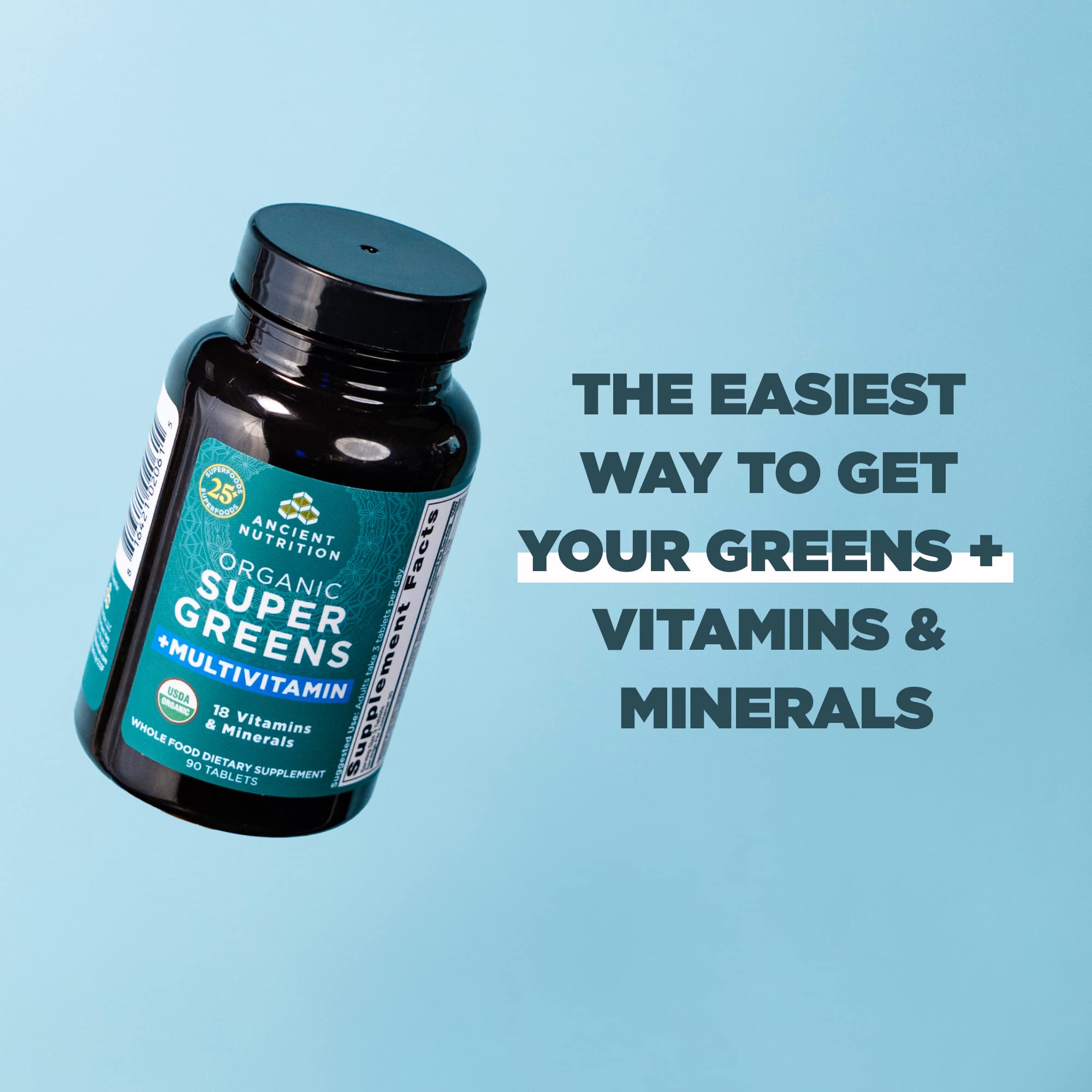 Ancient Nutrition Supergreens Multivitamin Tablets – Organic Greens & Real Herbs for Digestive & Energy Support | 90 Count
