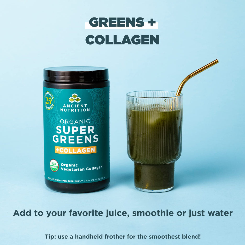 Ancient Nutrition Supergreens Powder – Organic Greens with Collagen, 25 Servings