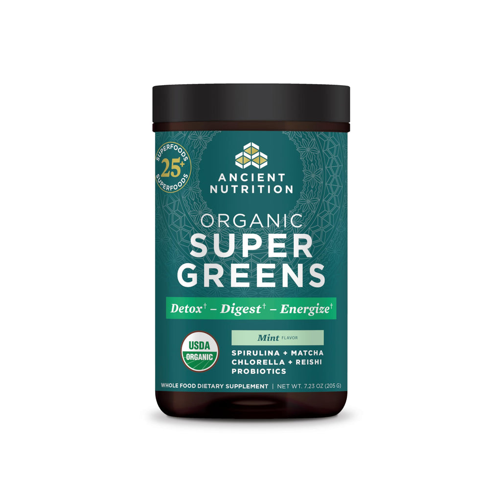 Ancient Nutrition SuperGreens Powder with Probiotics – Organic Peppermint Flavor, 25 Servings, 7.23oz