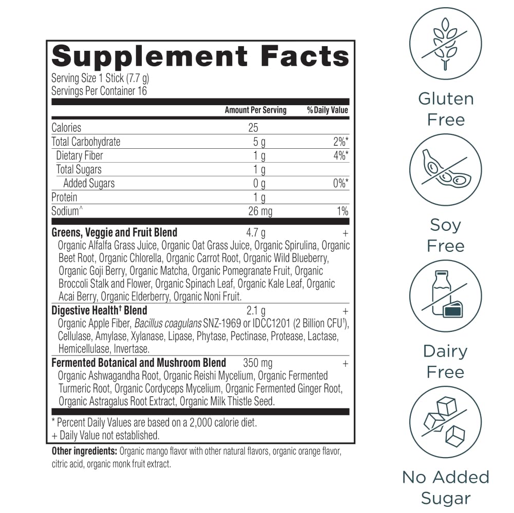 Ancient Nutrition SuperGreens Powder with Probiotics – Organic Mango Flavor, 16 Stick Packs (4.3oz)
