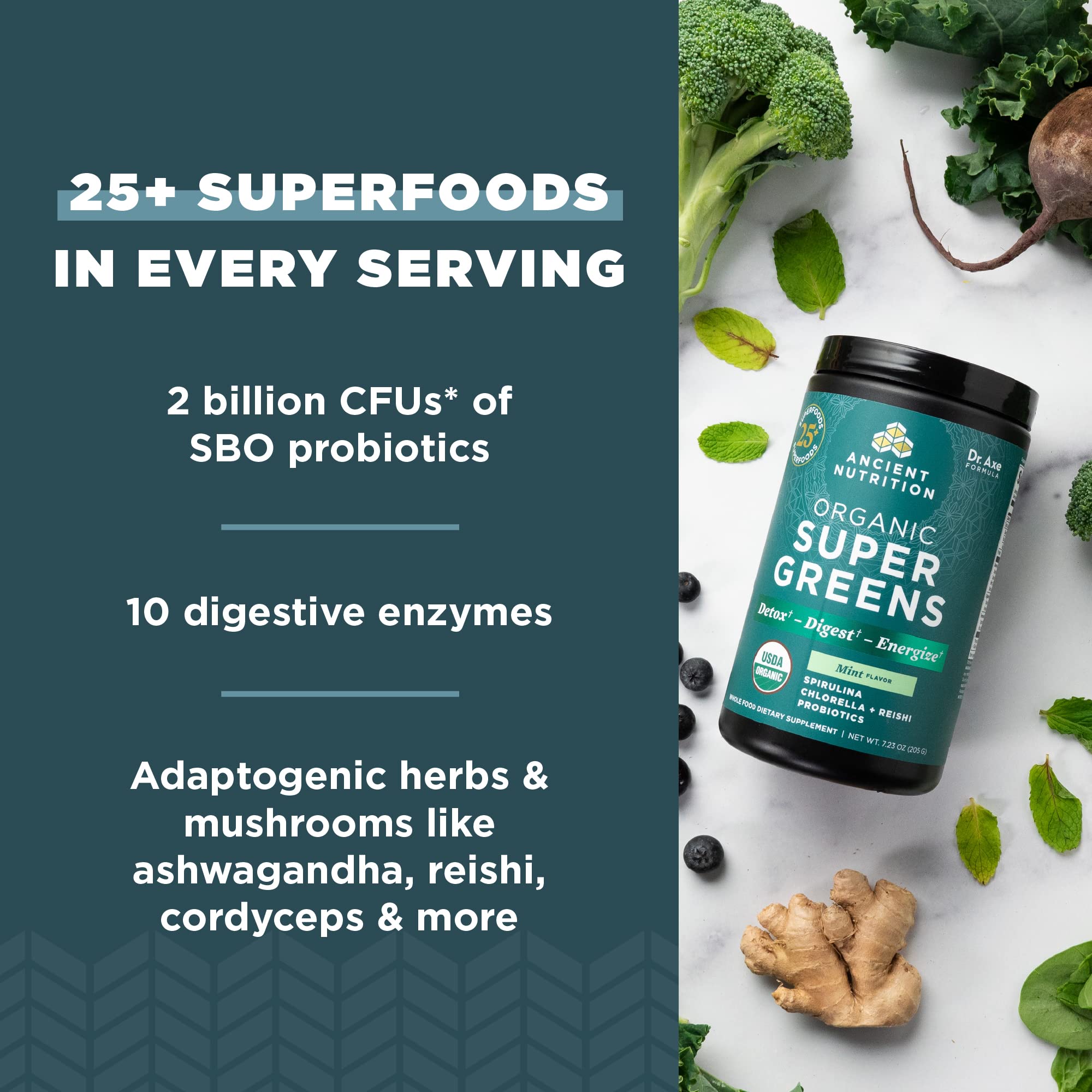 Ancient Nutrition SuperGreens Powder with Probiotics – Organic Peppermint Flavor, 25 Servings, 7.23oz