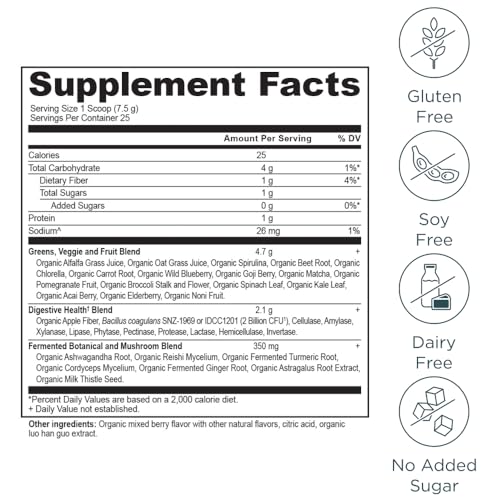 Ancient Nutrition SuperGreens Powder with Probiotics – Organic Berry Flavor, 25 Servings, 6.7 oz