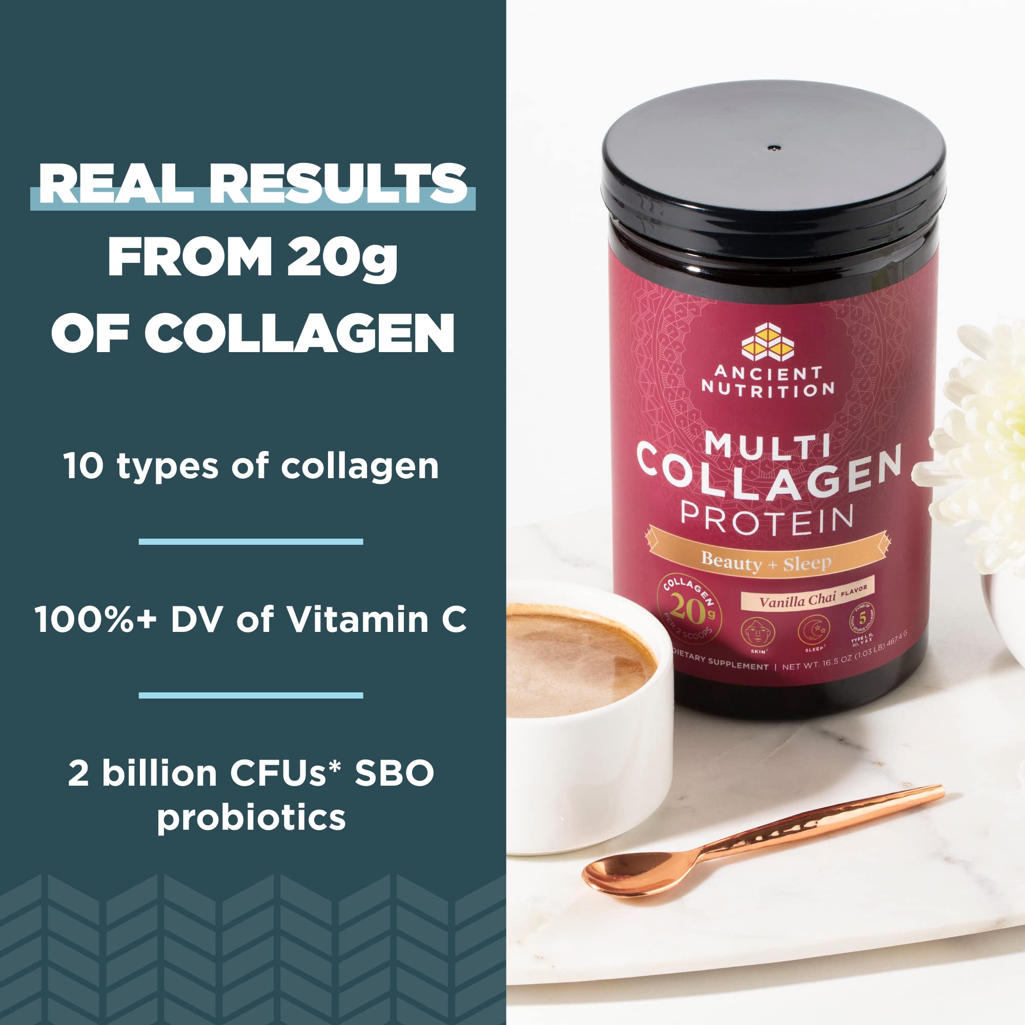 Ancient Nutrition Multi Collagen Beauty + Sleep Vanilla Chai – 16.1 oz