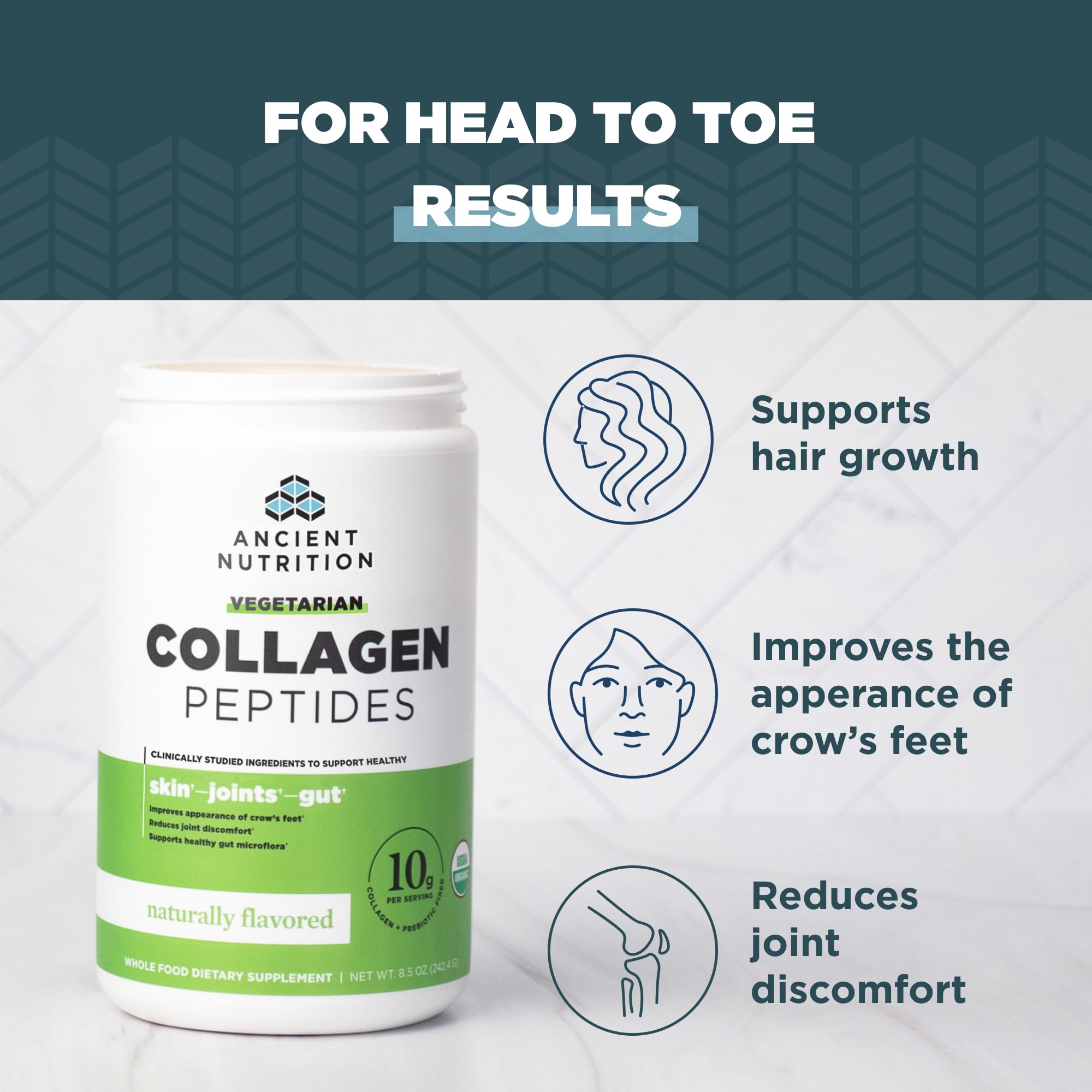 Ancient Nutrition Vegetarian Collagen Peptides – Prebiotics & Probiotics, 28 Servings