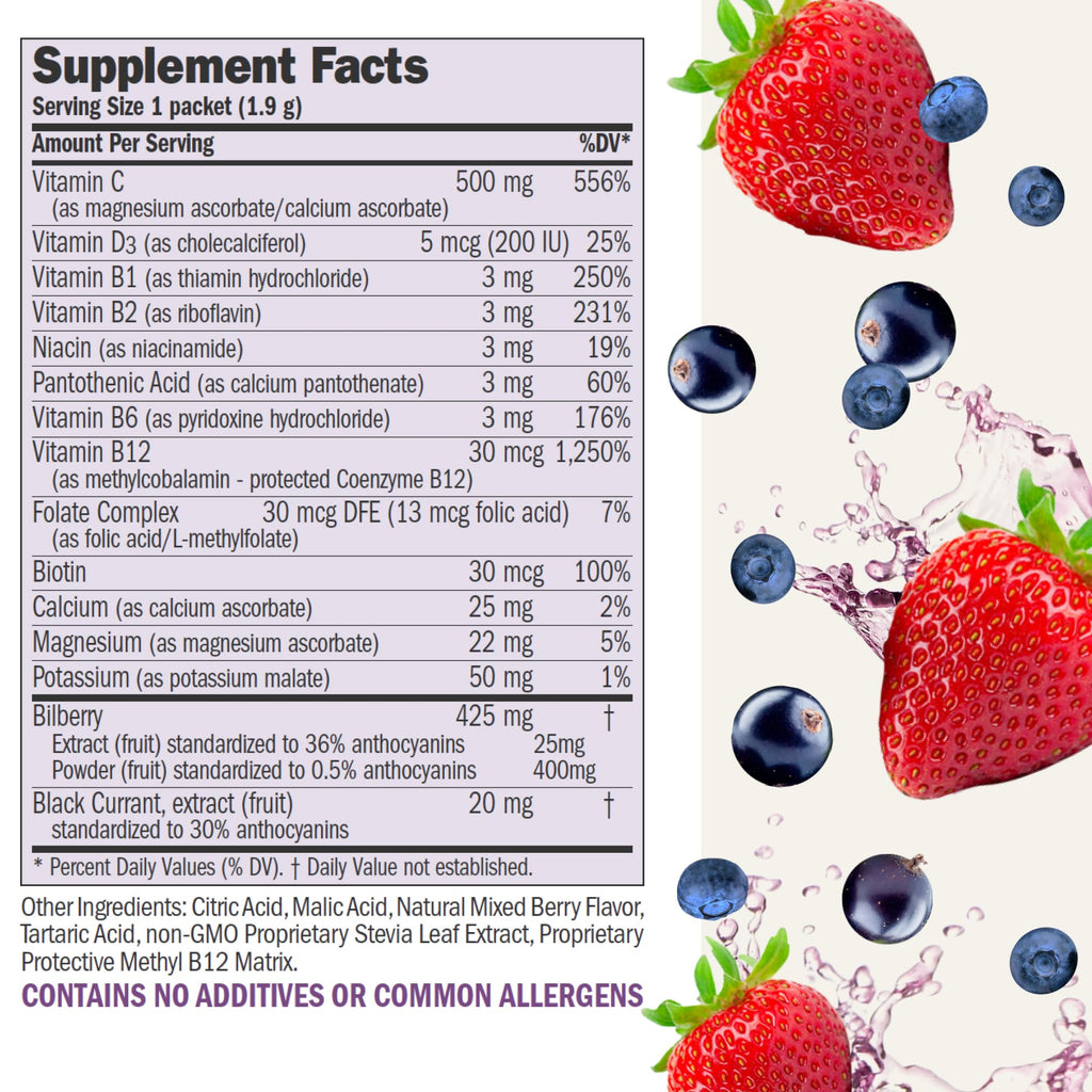 ANDREW LESSMAN Efficient C Mixed Berry 180 Packets — Non-Calorie Vitamin C Drink for Immune, Energy & Eye Health