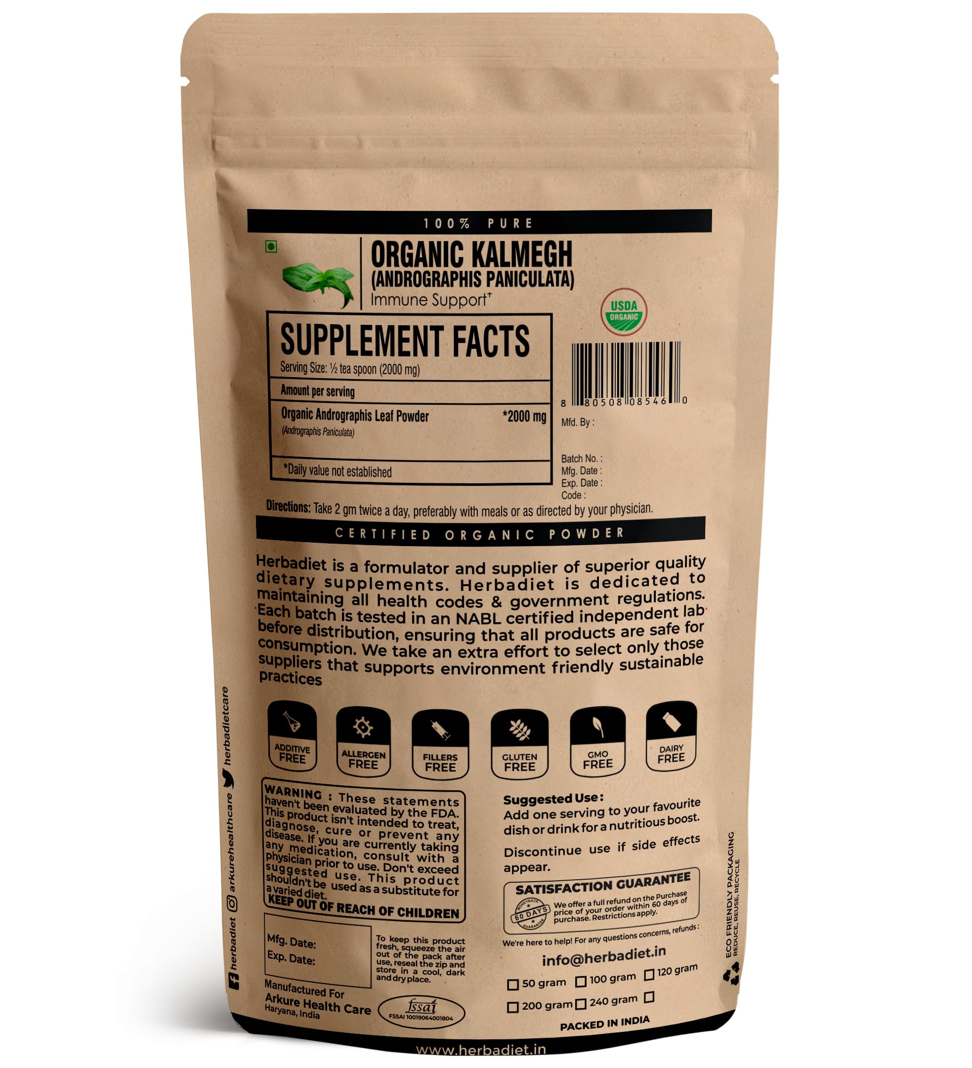 Andrographis Paniculata Powder – Certified Organic, 1% Andrographolides | Immune & Respiratory Support (227 g) | Non-GMO