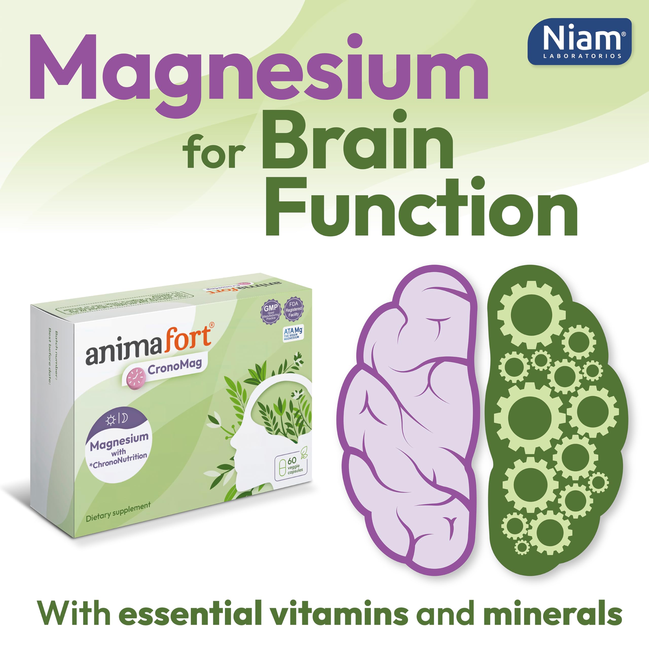 NIAM Laboratorios CronoMag Magnesium Complex | 6 High-Absorption Salts | B12 & D Vitamins | 60 Capsules | Animafort CronoMag