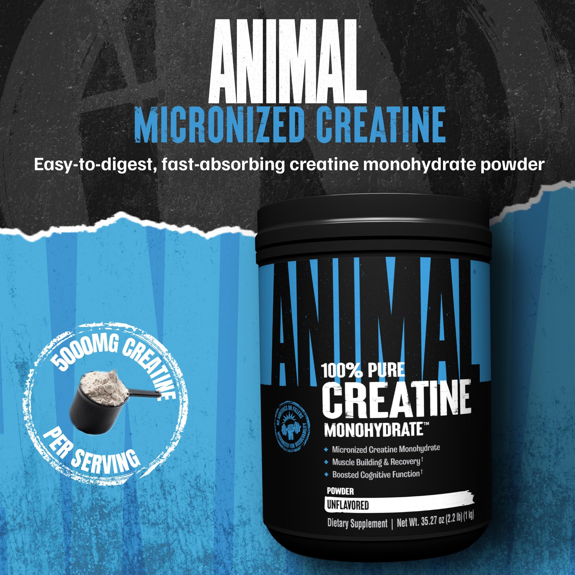 Animal Creatine Monohydrate Powder – 5g per Serving, Unflavored, 1kg