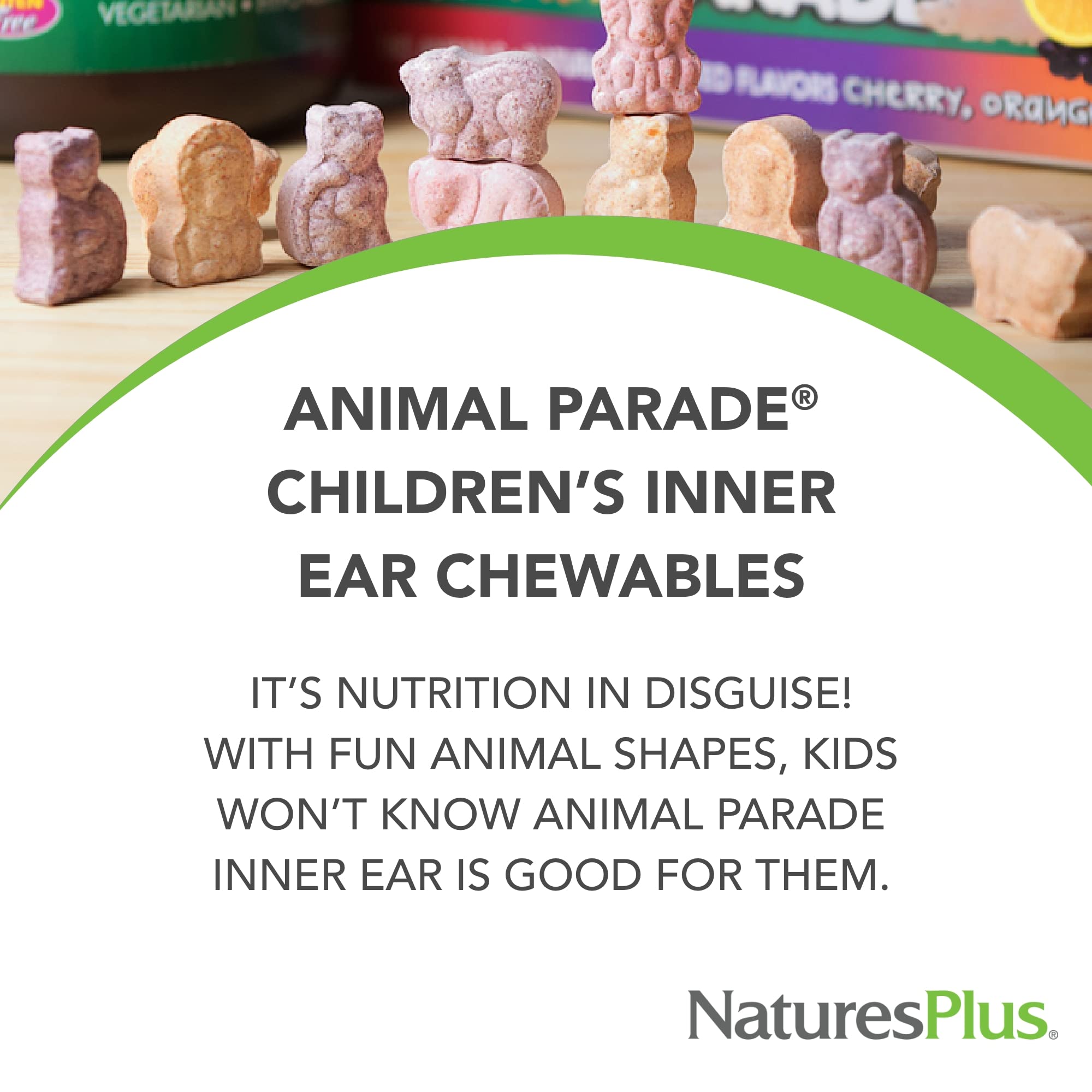 Natures Plus Animal Parade Inner Ear Support – Kids Probiotic Chewables (Cherry, 90 Tablets)