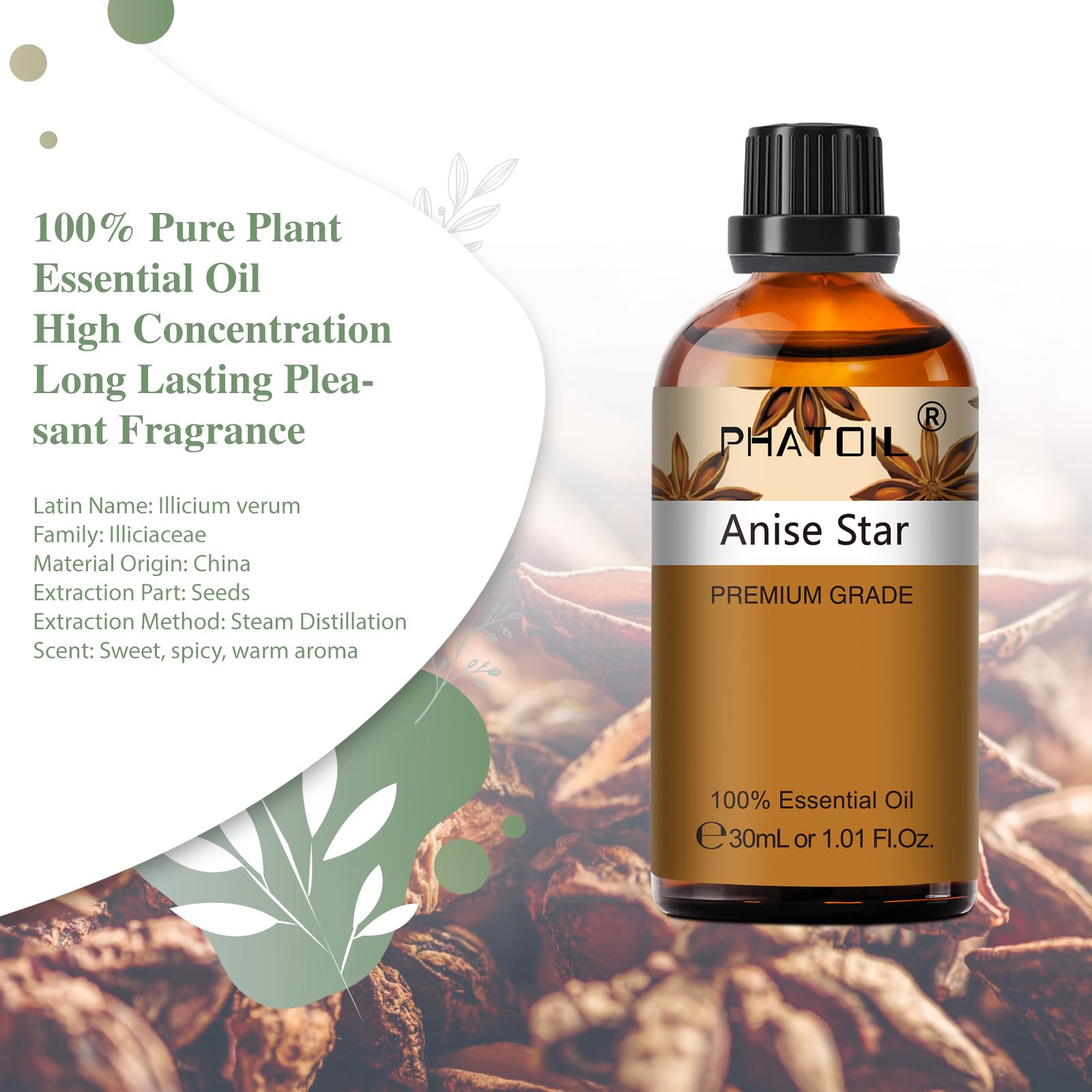 Anise Star Essential Oil 30ml (1.01 fl oz) | PHATOIL Pure Aromatherapy for Diffusers, DIY Soap & Candles