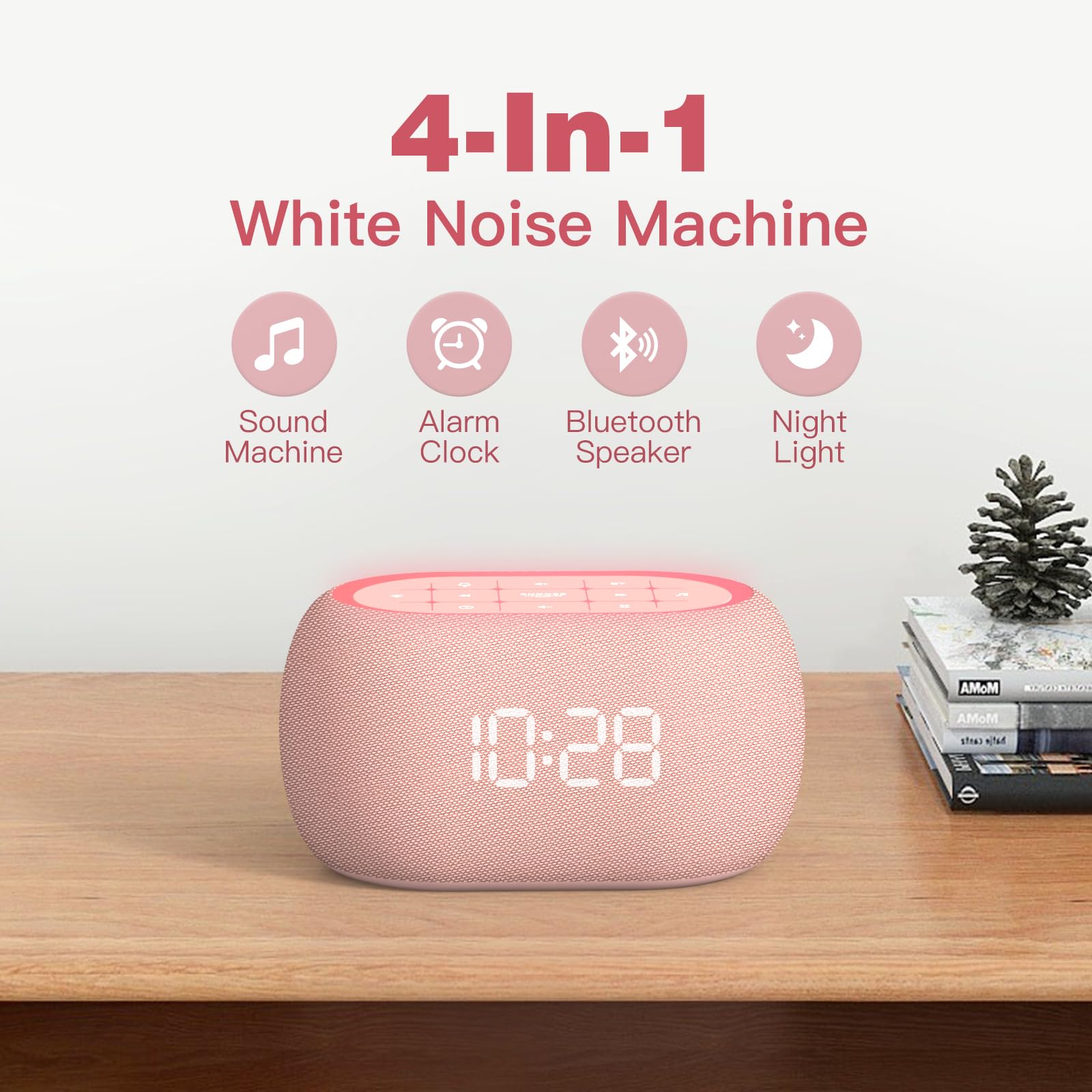 ANJANK White Noise Sound Machine Alarm Clock with Bluetooth Speaker – 21 Sounds, 7 Night Lights, Pink