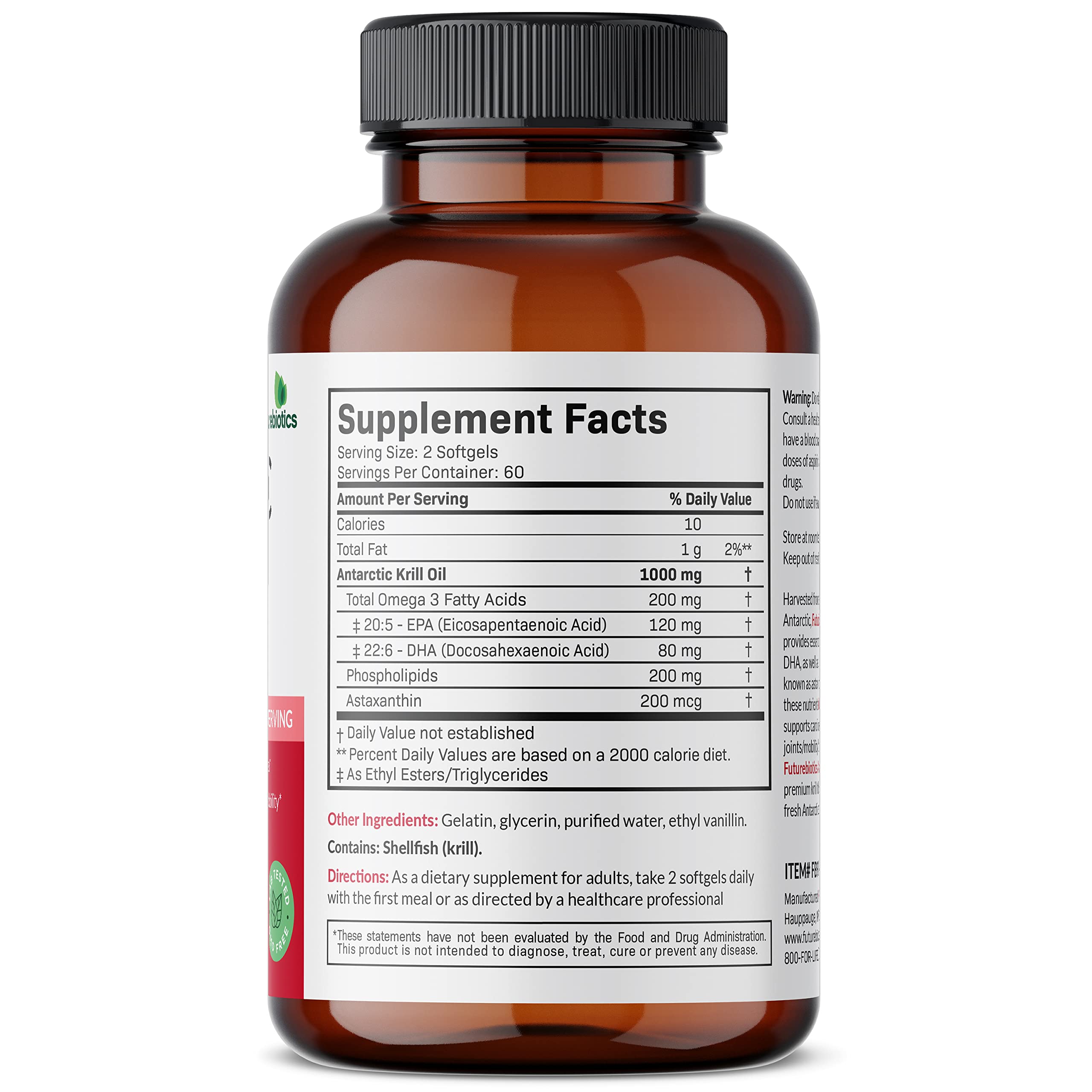 Futurebiotics Antarctic Krill Oil 1000mg – Omega-3 EPA/DHA, Astaxanthin, Phospholipids | 120 Softgels