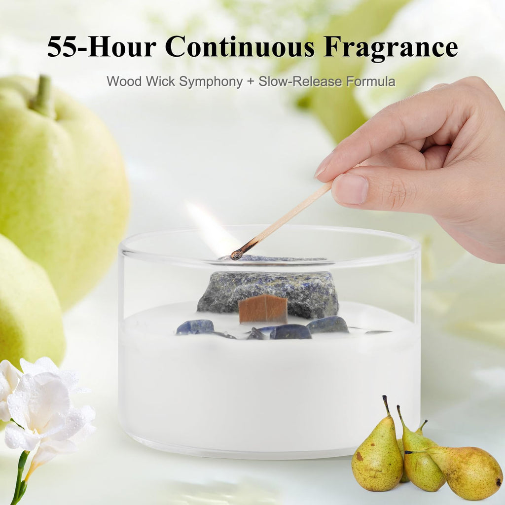AntExpanse English Pear & Freesia Soy Candle – 55-Hour Wood Wick, Crystals, 7oz Gift