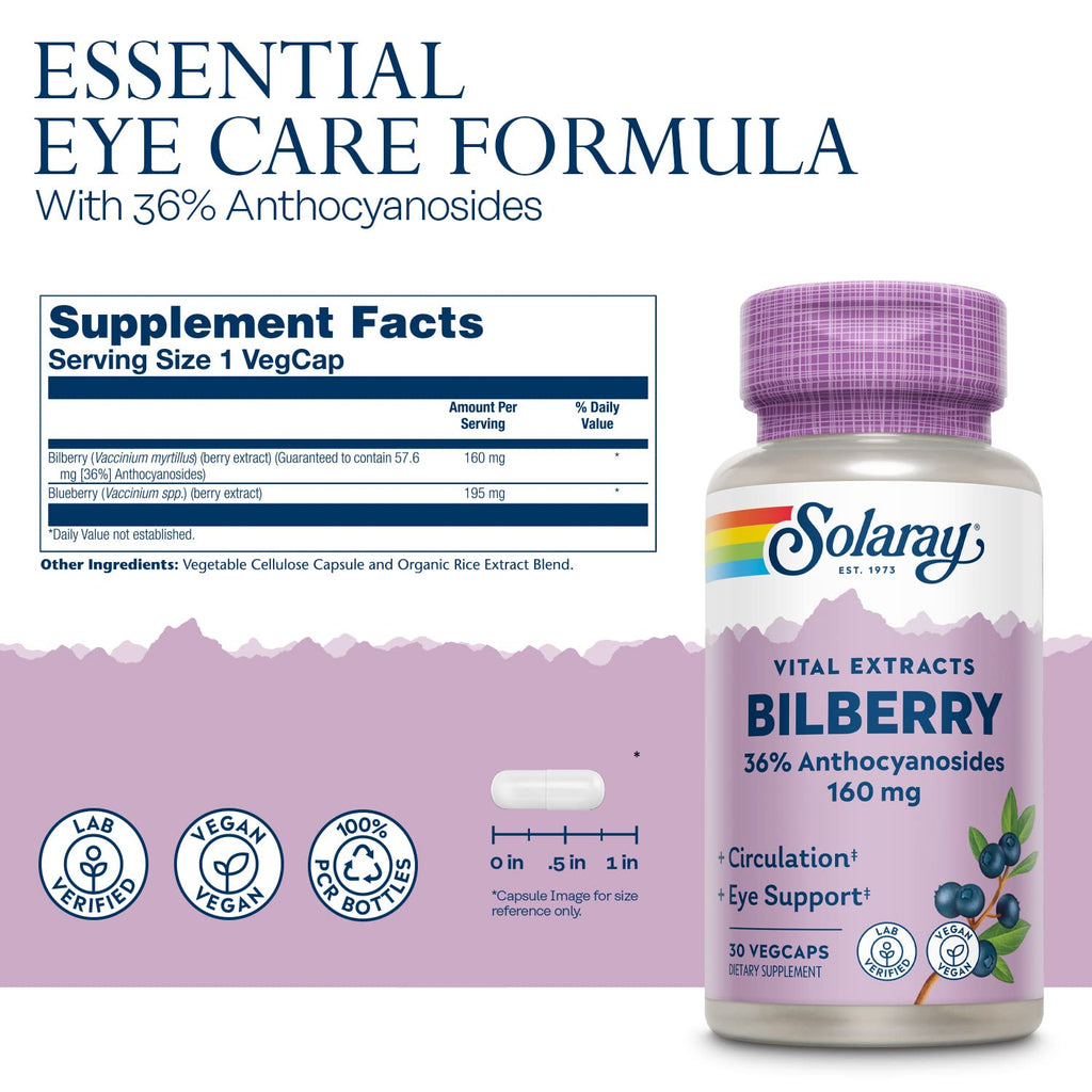 SOLARAY Bilberry Extract 160 mg – Eye Health & Circulation Support | 36% Anthocyanosides | Vegan